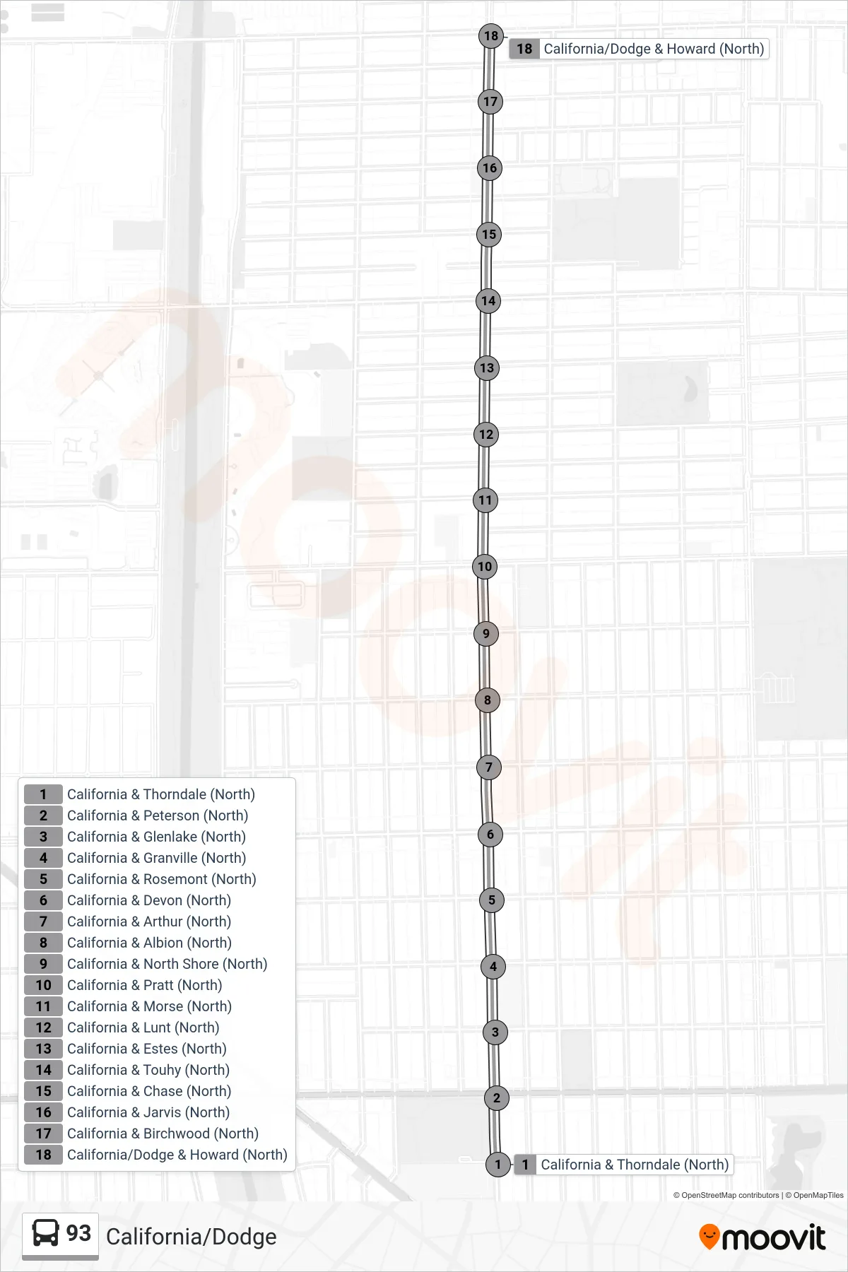 93 bus Line (California/Dodge & Howard (North)) route and stops on a map