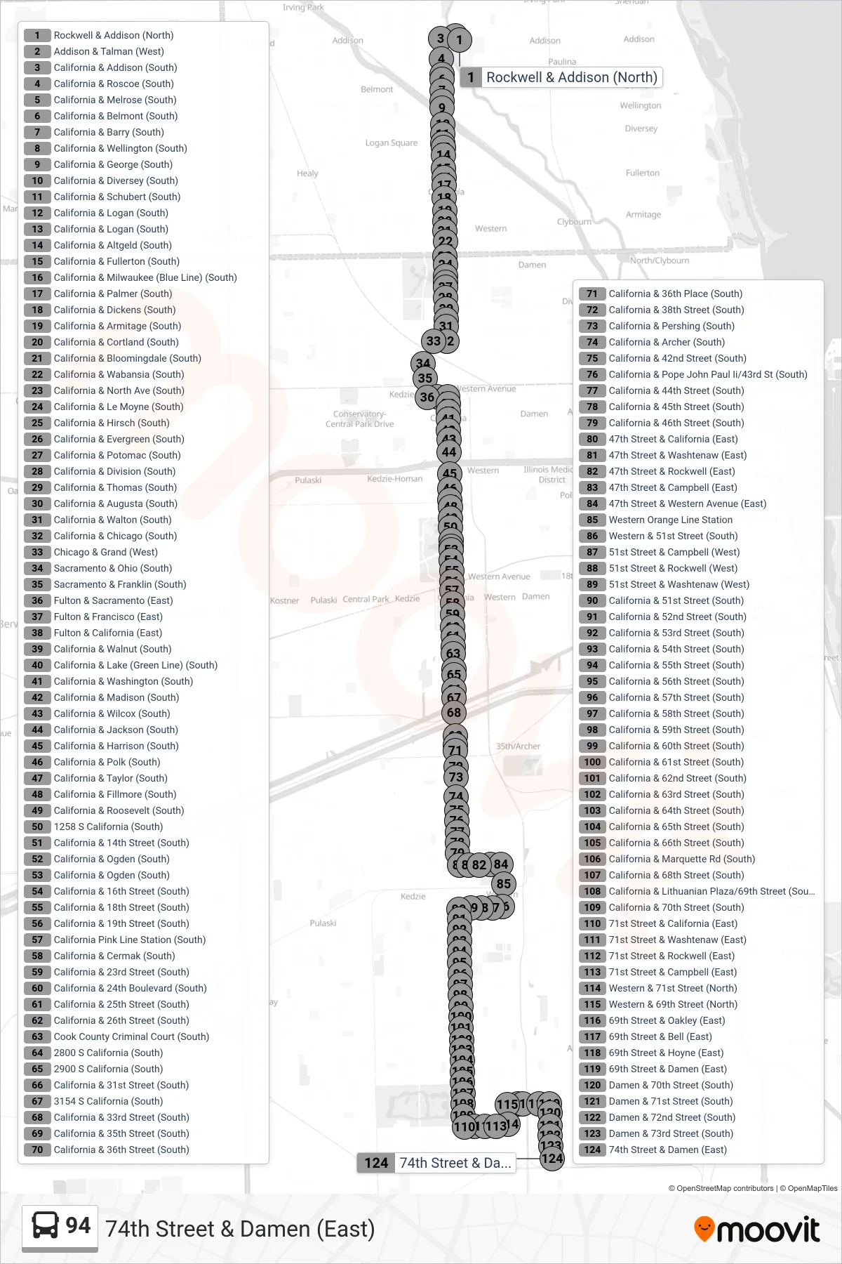 94 bus Line (74th Street & Damen (East)) route and stops on a map