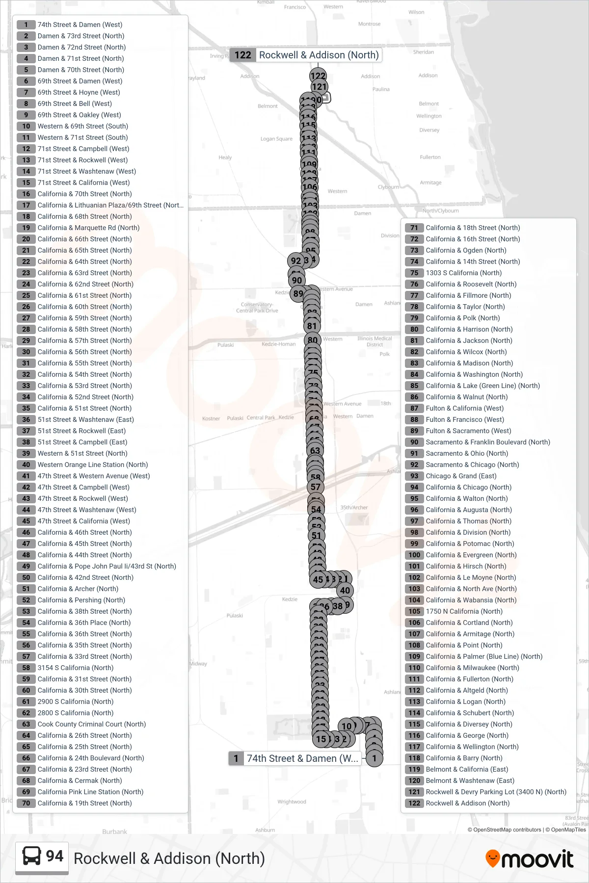 94 bus Line (Rockwell & Addison (North)) route and stops on a map