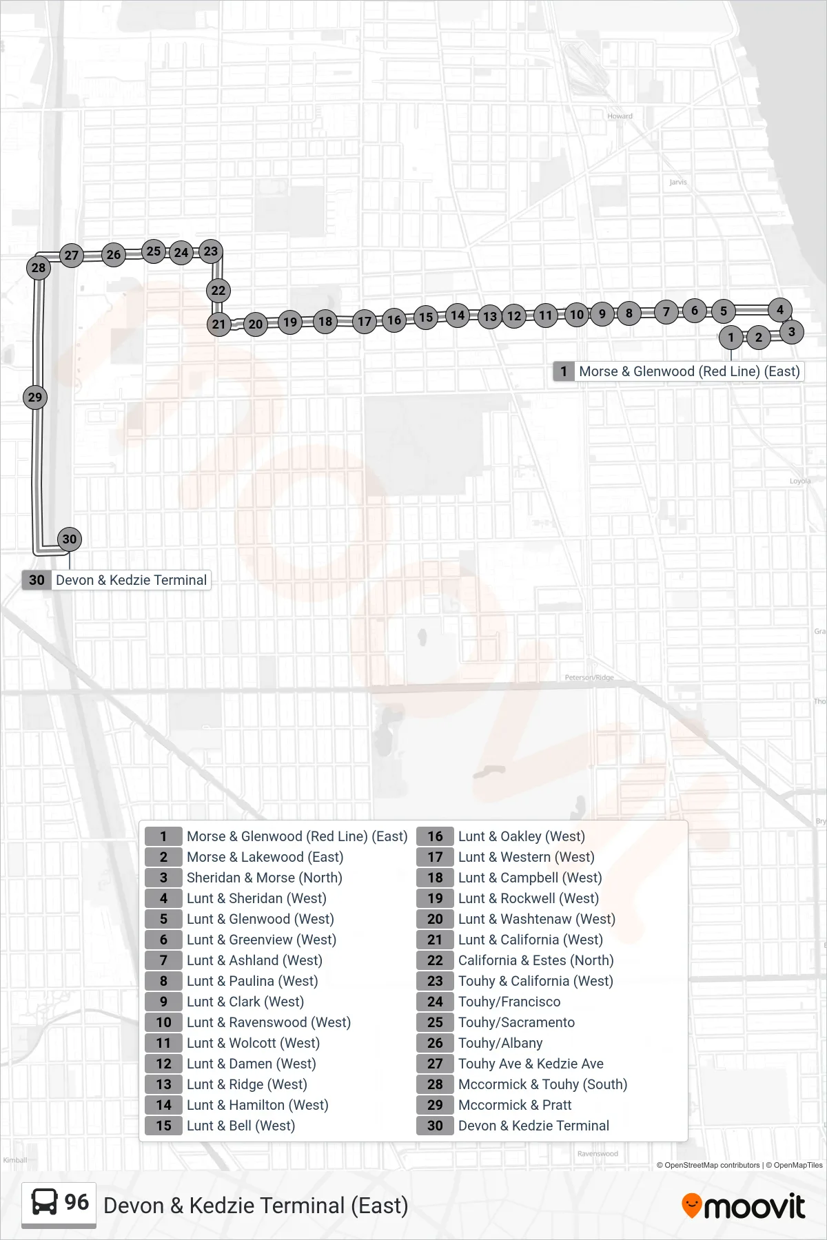 96 bus Line (Devon & Kedzie Terminal (East)) route and stops on a map