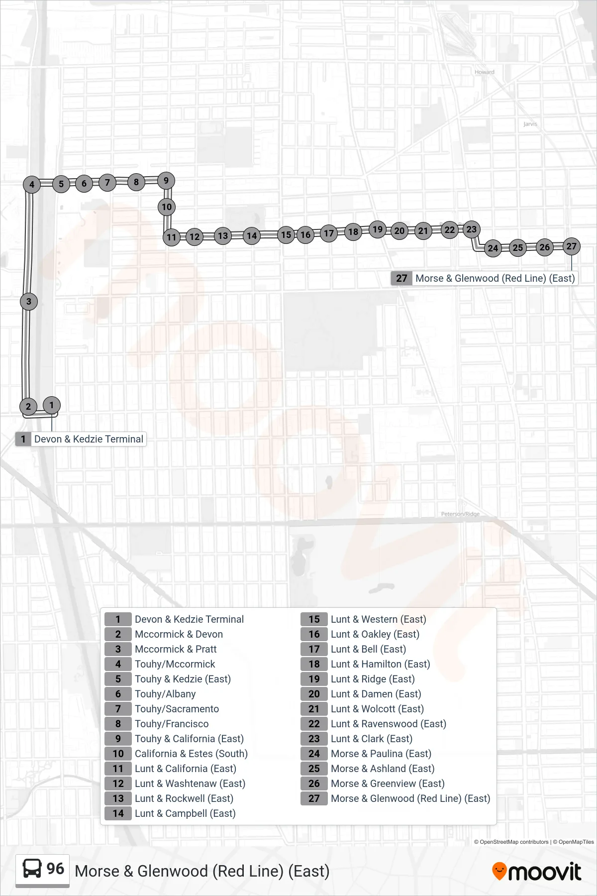 96 bus Line (Morse & Glenwood (Red Line) (East)) route and stops on a map