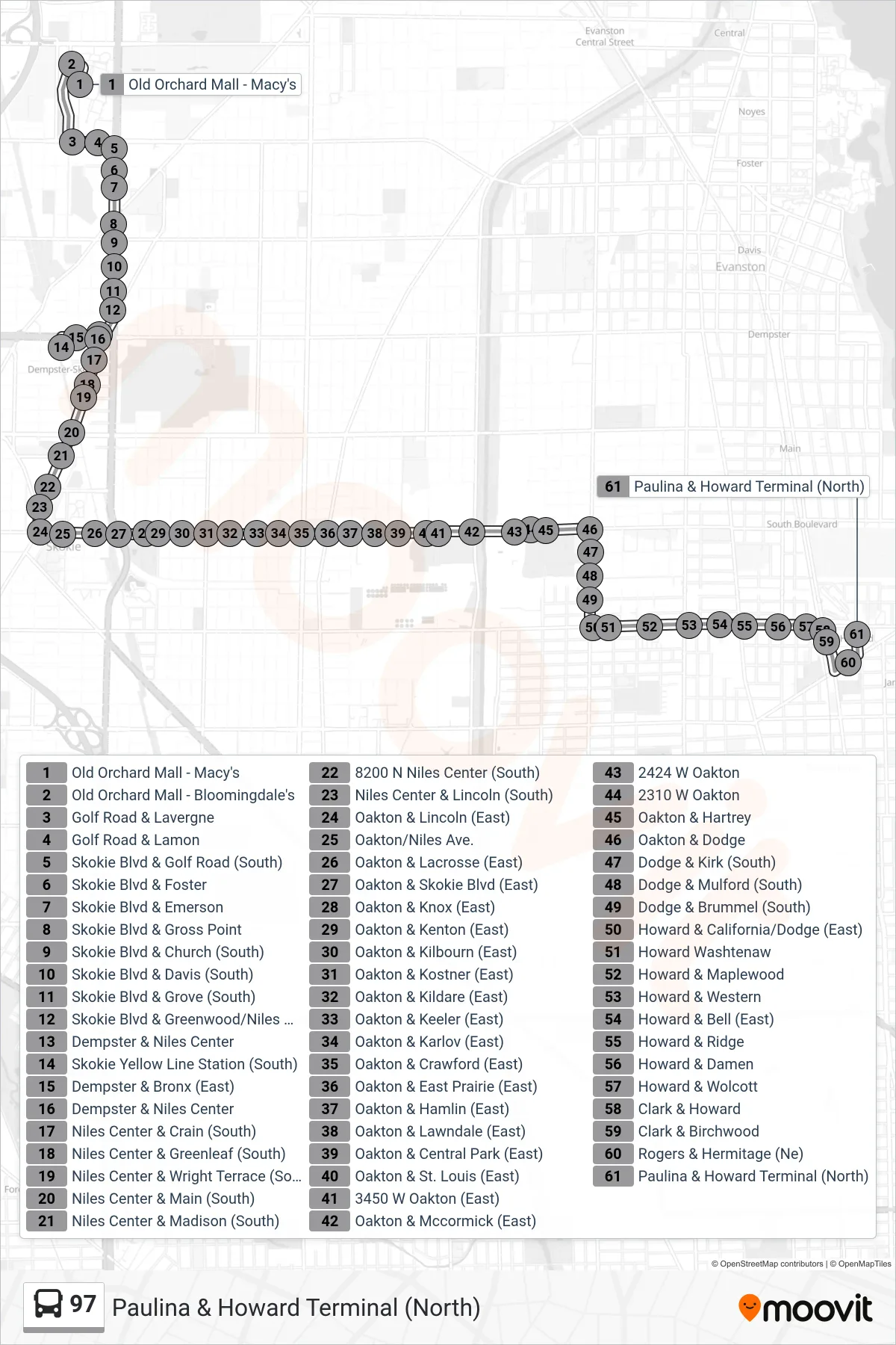 97 bus Line (Paulina & Howard Terminal (North)) route and stops on a map
