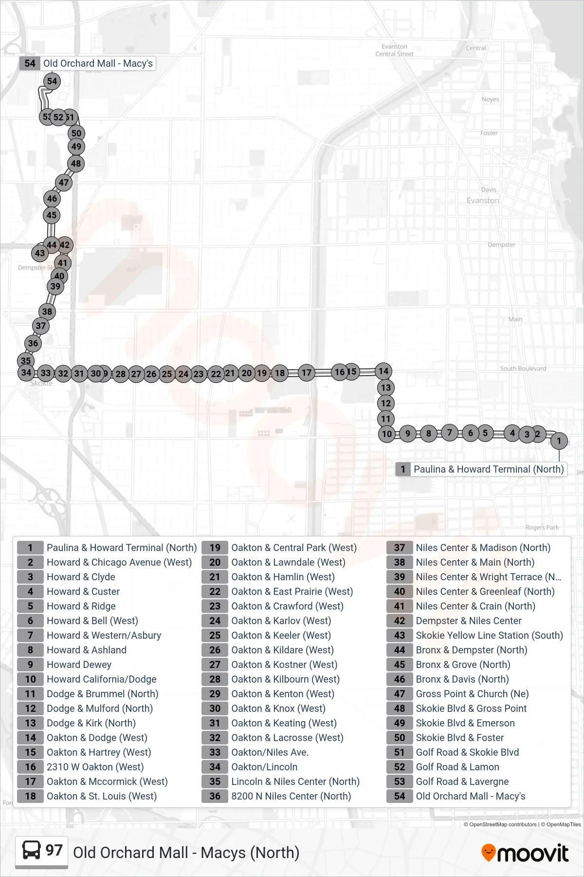 97 bus Line (Old Orchard Mall - Macys (North)) route and stops on a map