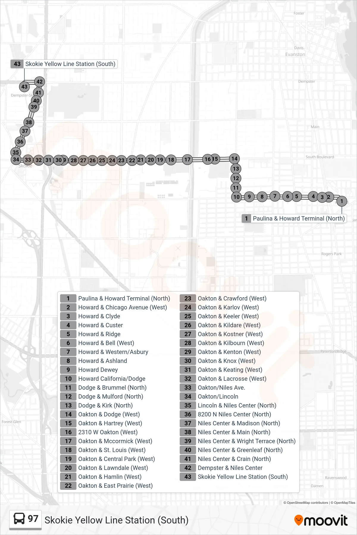 97 bus Line (Skokie Yellow Line Station (South)) route and stops on a map