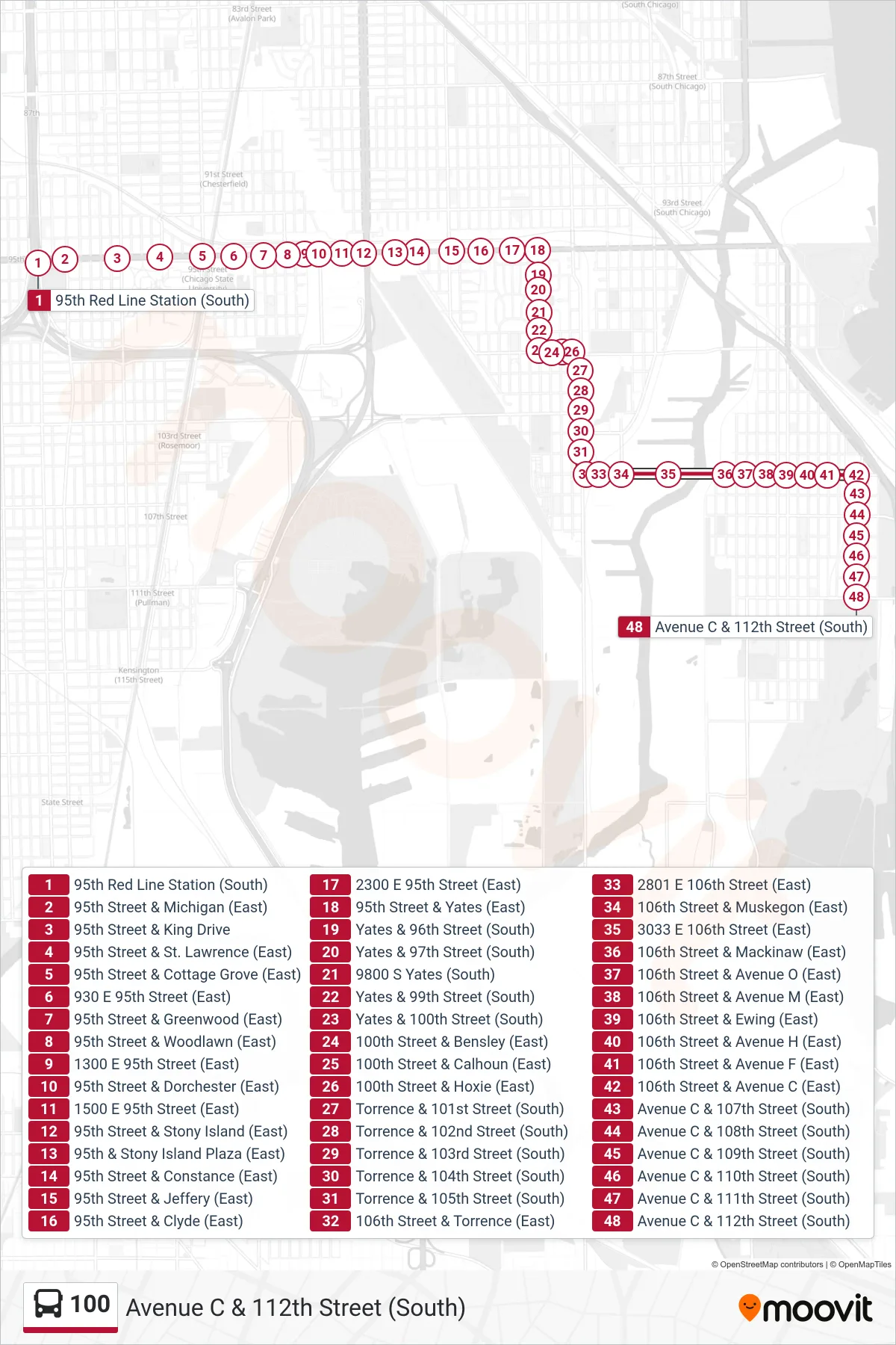 100 bus Line (Avenue C & 112th Street (South)) route and stops on a map