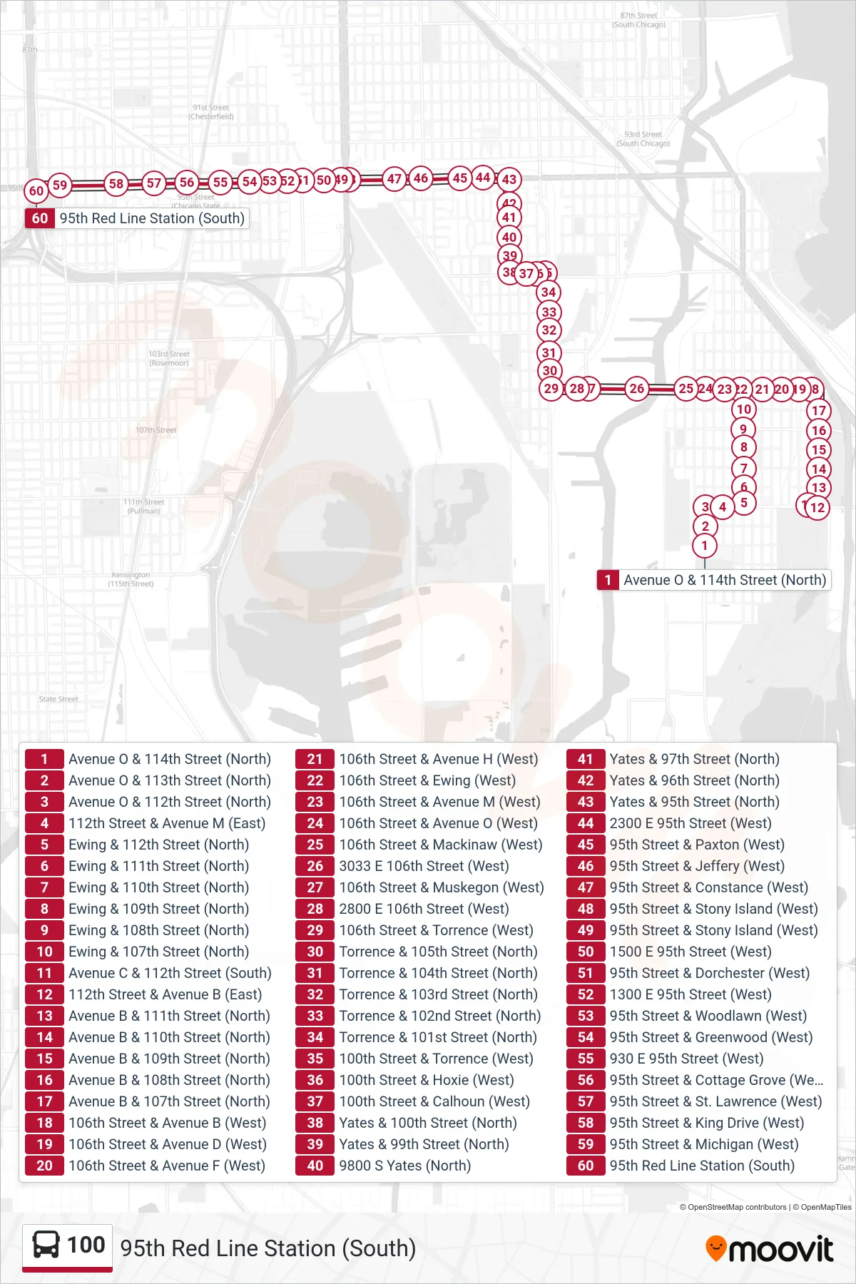 100 bus Line (95th Red Line Station (South)) route and stops on a map