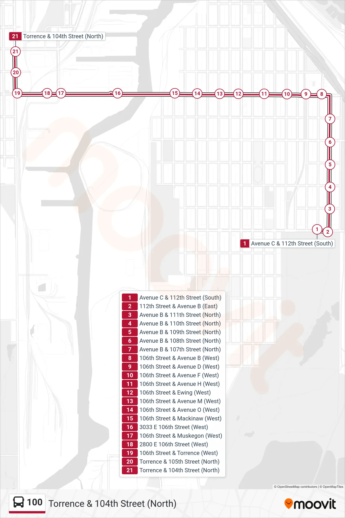 100 bus Line (Torrence & 104th Street (North)) route and stops on a map