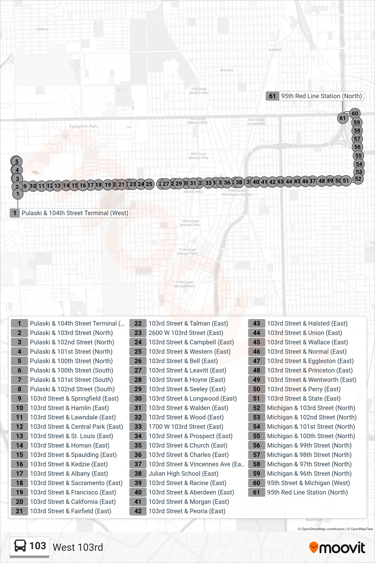 103 bus Line (95th Red Line Station (North)) route and stops on a map