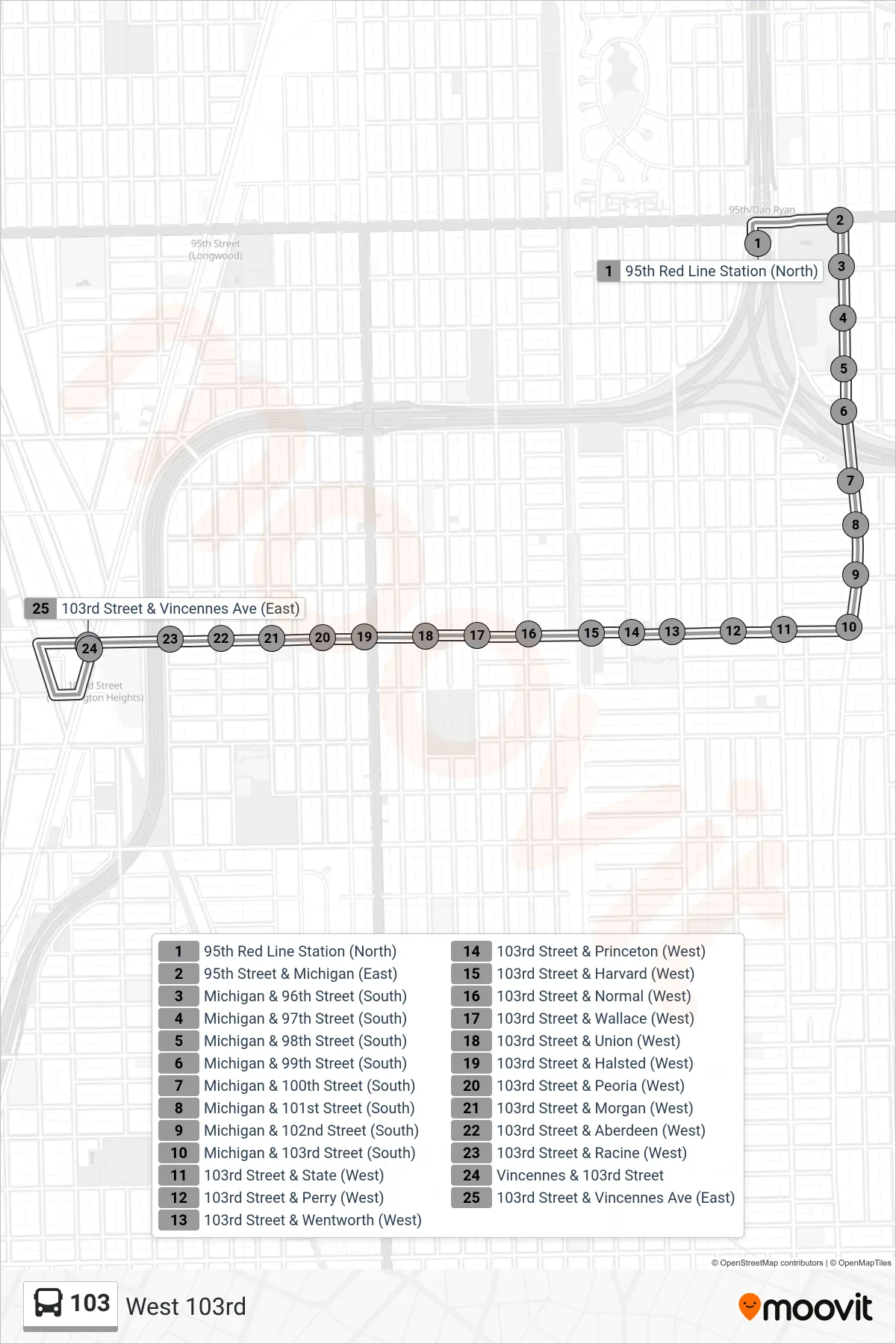 103 bus Line (103rd Street & Vincennes Ave (East)) route and stops on a map
