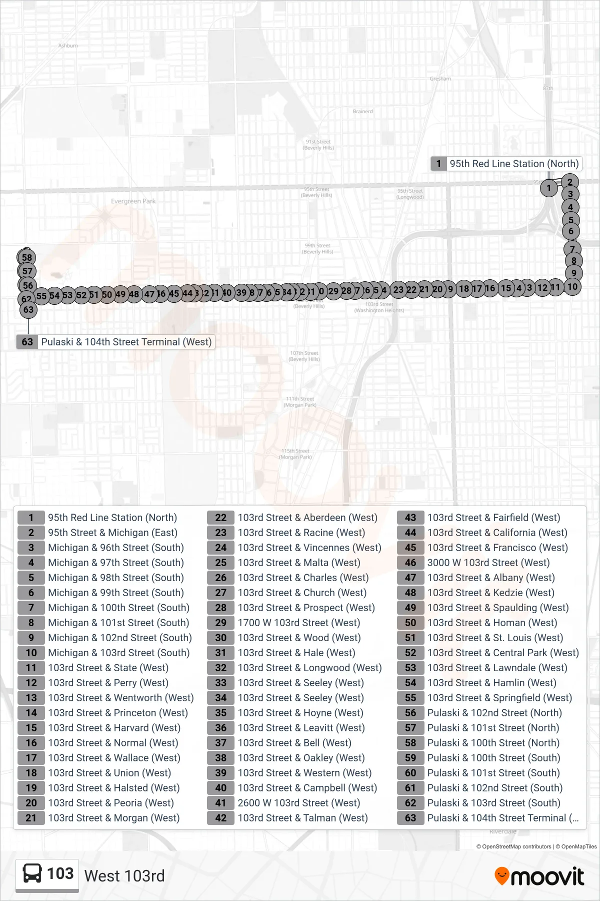 103 bus Line (Pulaski & 104th Street Terminal (West)) route and stops on a map