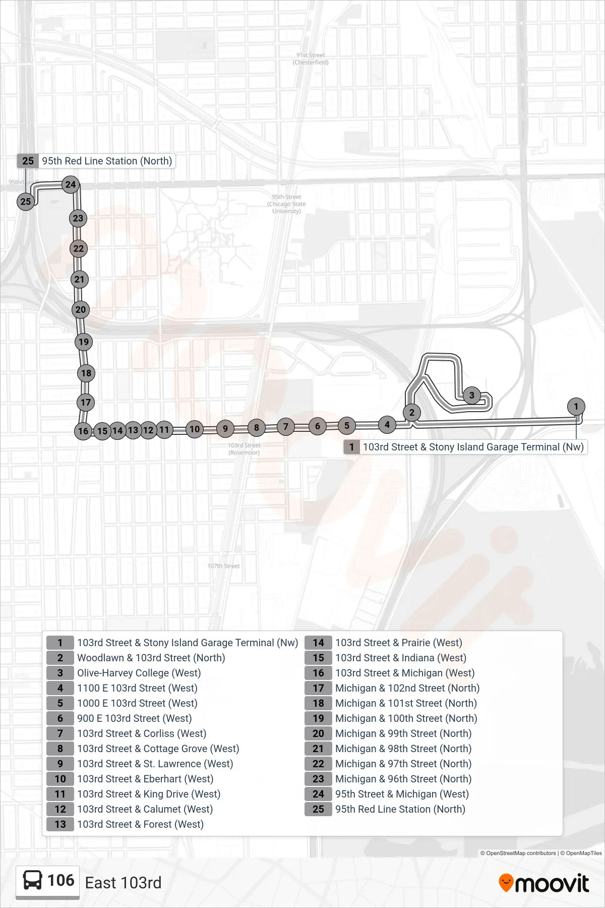 106 bus Line (95th Red Line Station (North)) route and stops on a map