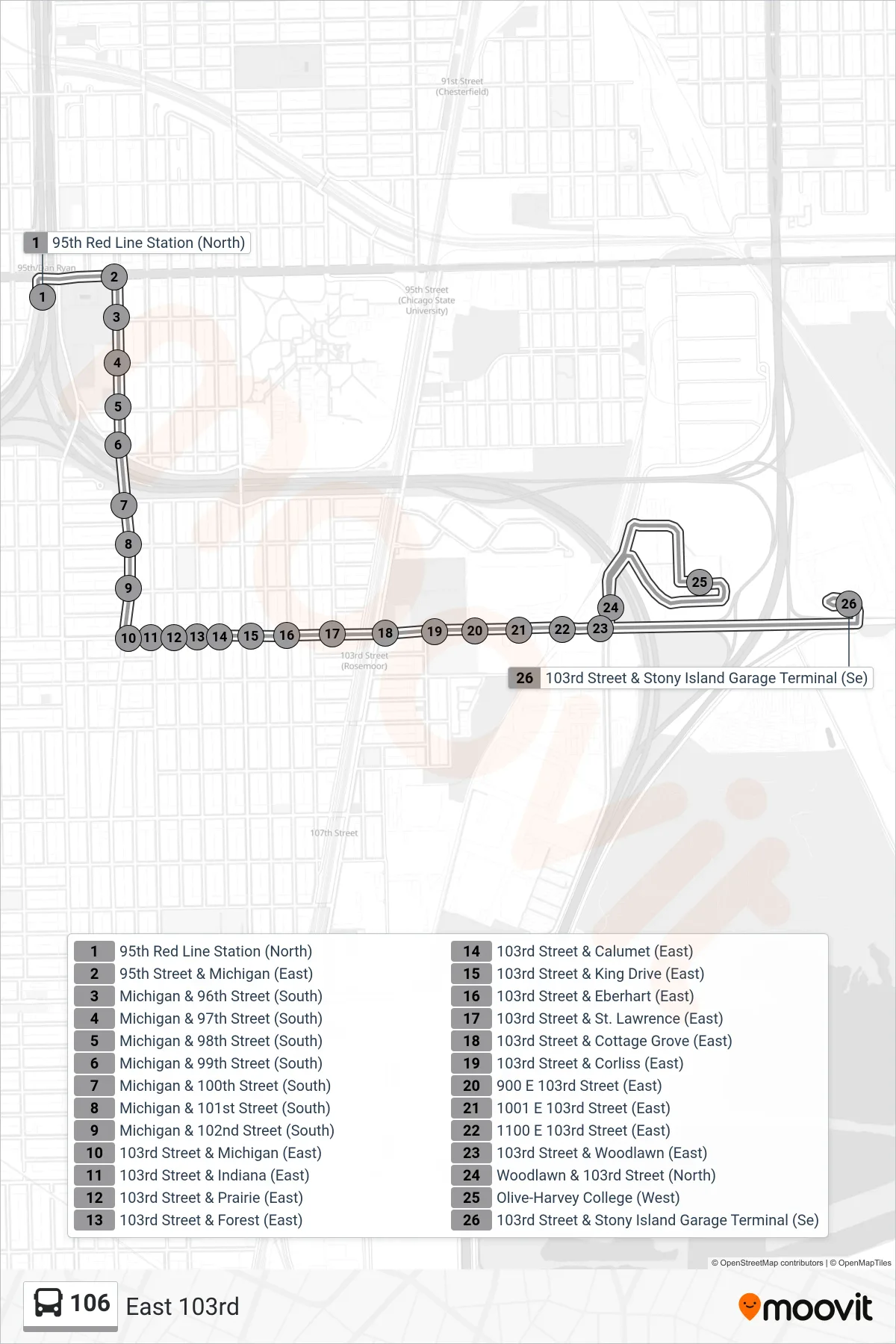 106 bus Line (103rd Street & Stony Island Garage Terminal (Se)) route and stops on a map