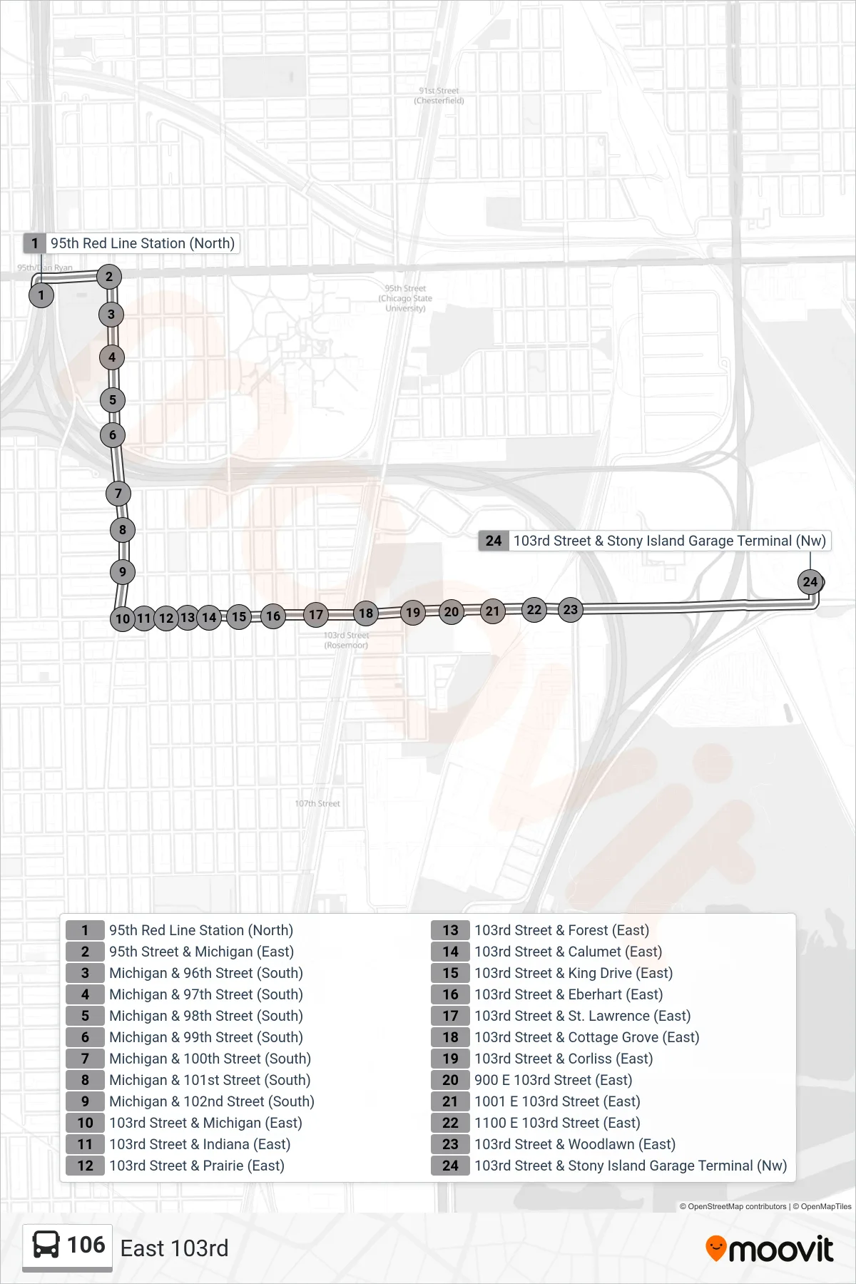 106 bus Line (103rd Street & Stony Island Garage Terminal (Nw)) route and stops on a map