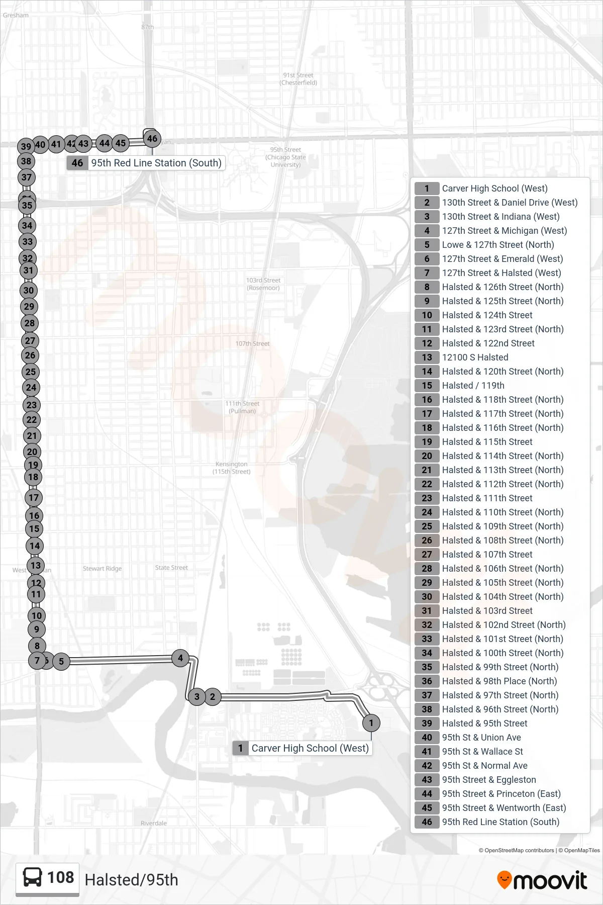 108 bus Line (95th Red Line Station (South)) route and stops on a map