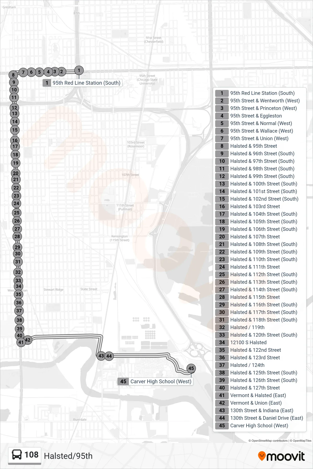 108 bus Line (Carver High School (West)) route and stops on a map