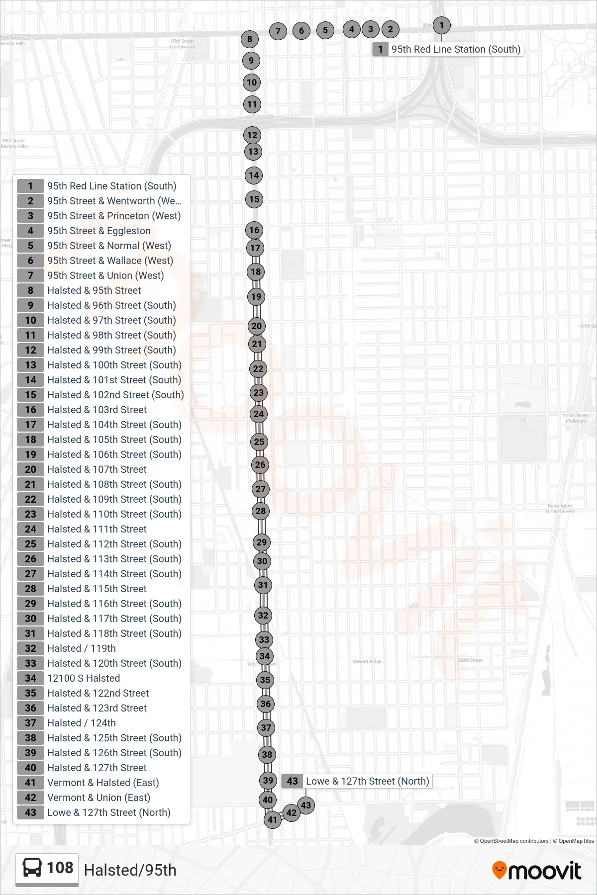 108 bus Line (Lowe & 127th Street (North)) route and stops on a map