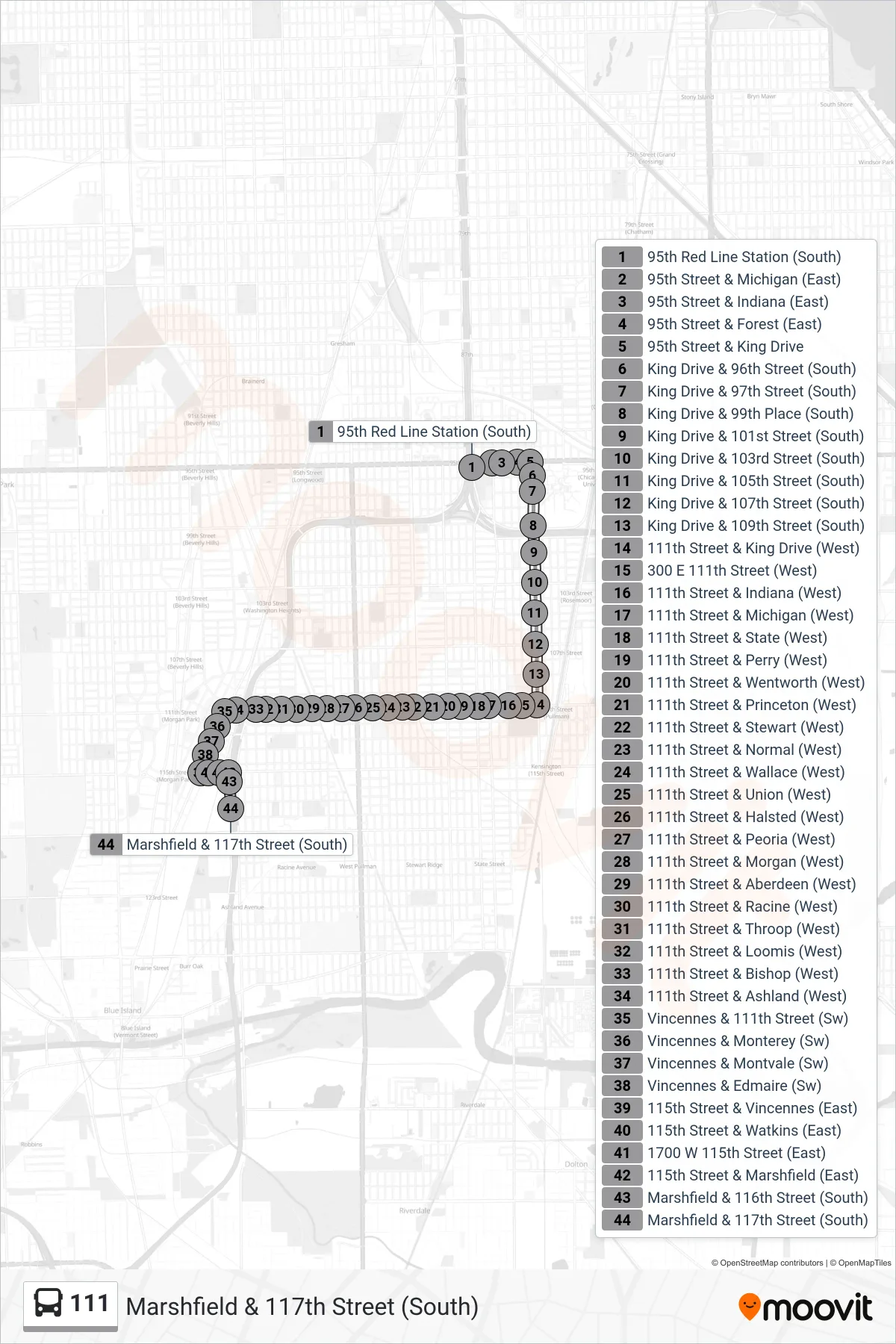 111 bus Line (Marshfield & 117th Street (South)) route and stops on a map