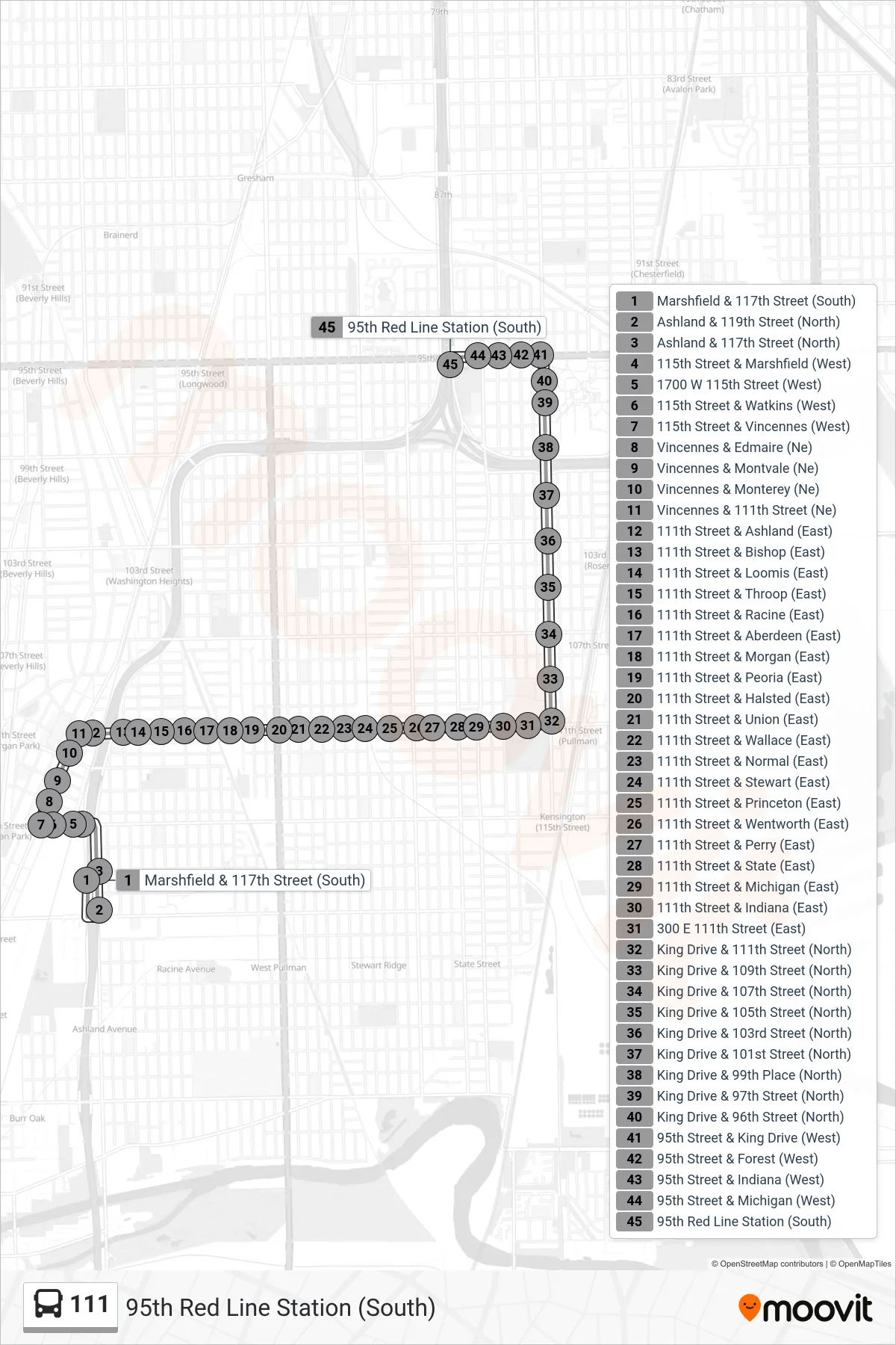 111 bus Line (95th Red Line Station (South)) route and stops on a map