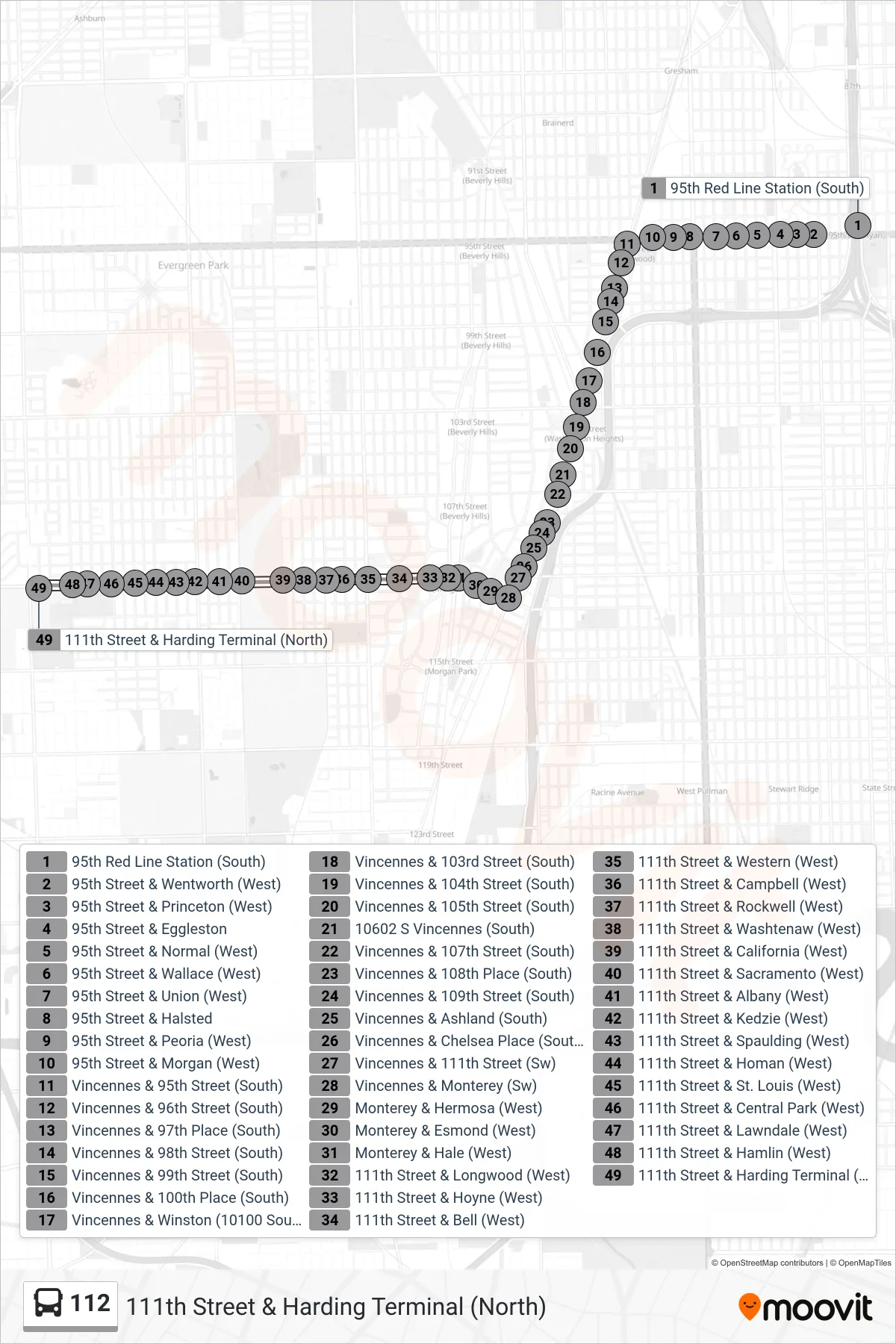 112 bus Line (111th Street & Harding Terminal (North)) route and stops on a map