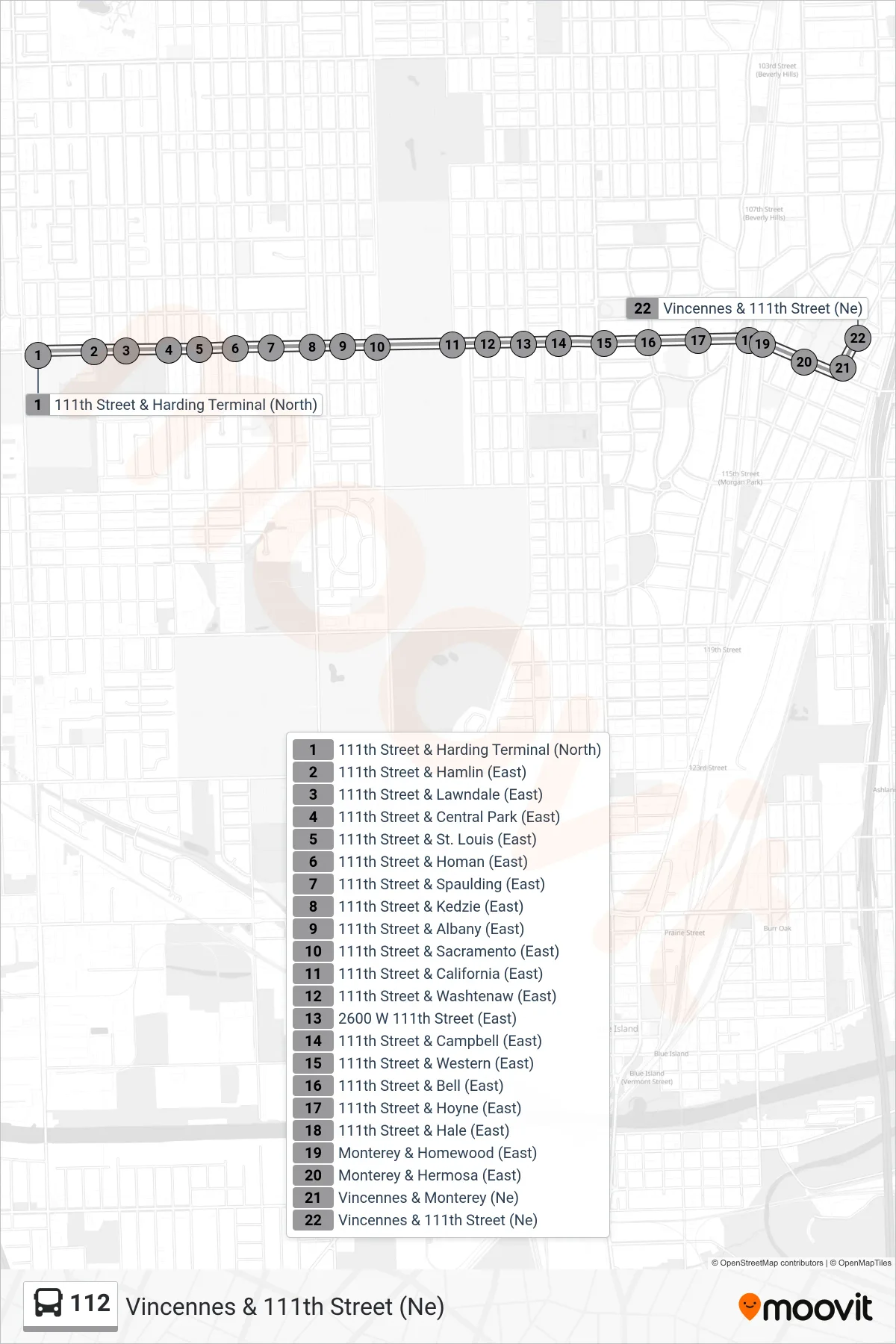 112 bus Line (Vincennes & 111th Street (Ne)) route and stops on a map
