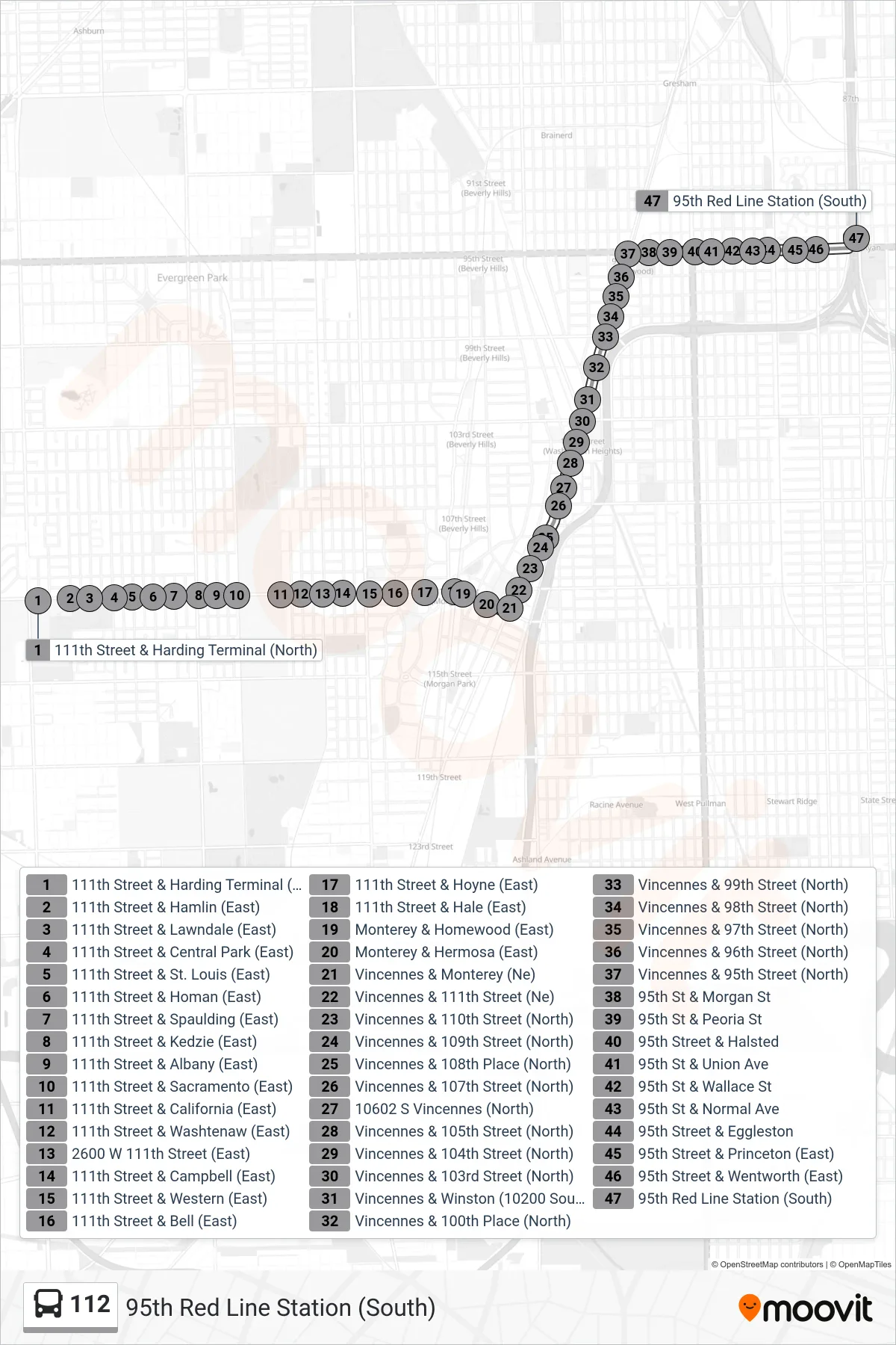 112 bus Line (95th Red Line Station (South)) route and stops on a map