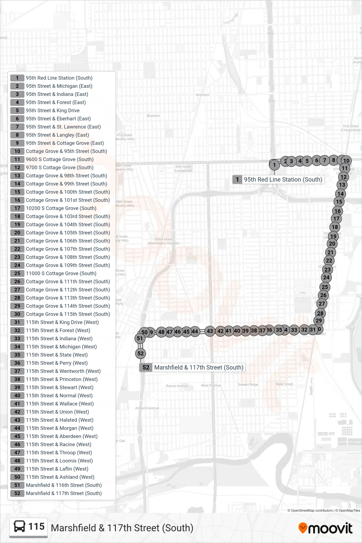 115 bus Line (Marshfield & 117th Street (South)) route and stops on a map