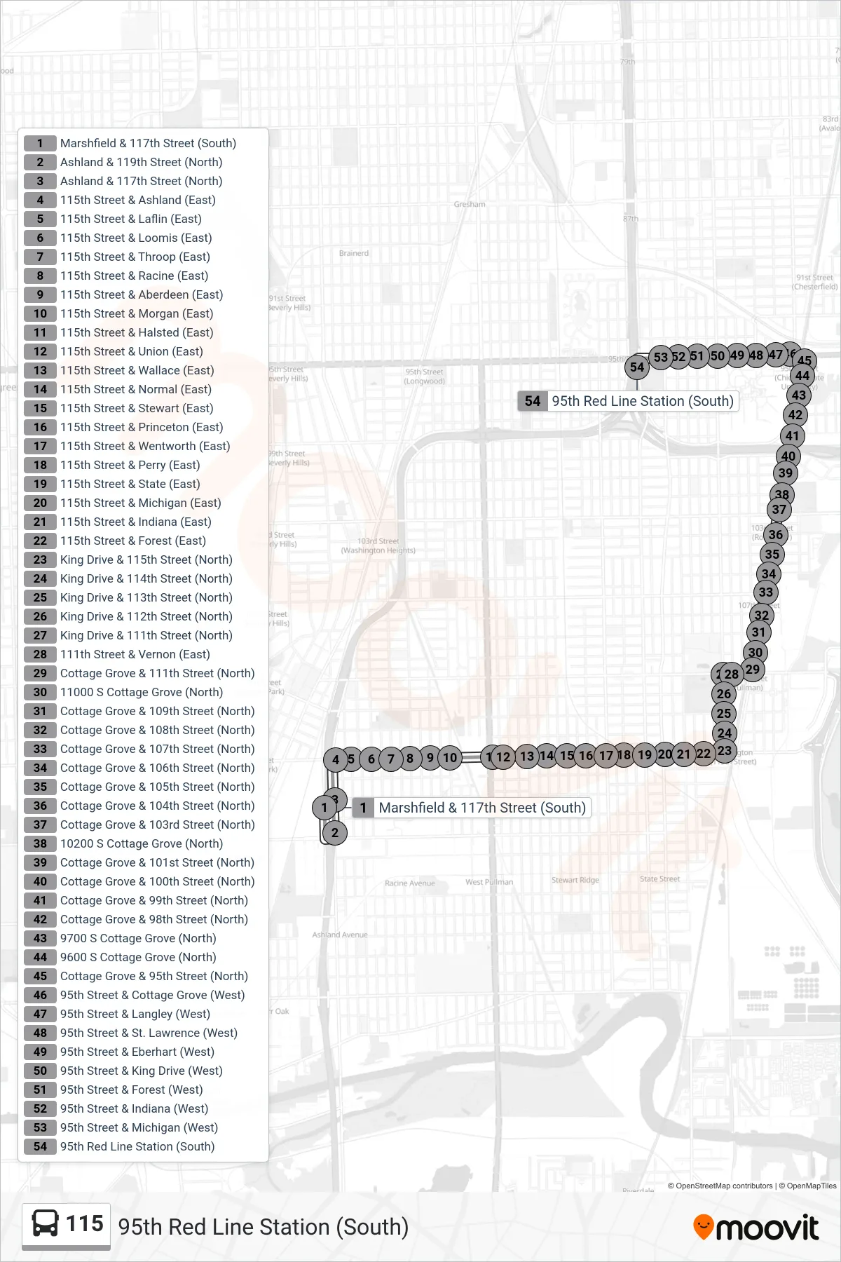 115 bus Line (95th Red Line Station (South)) route and stops on a map