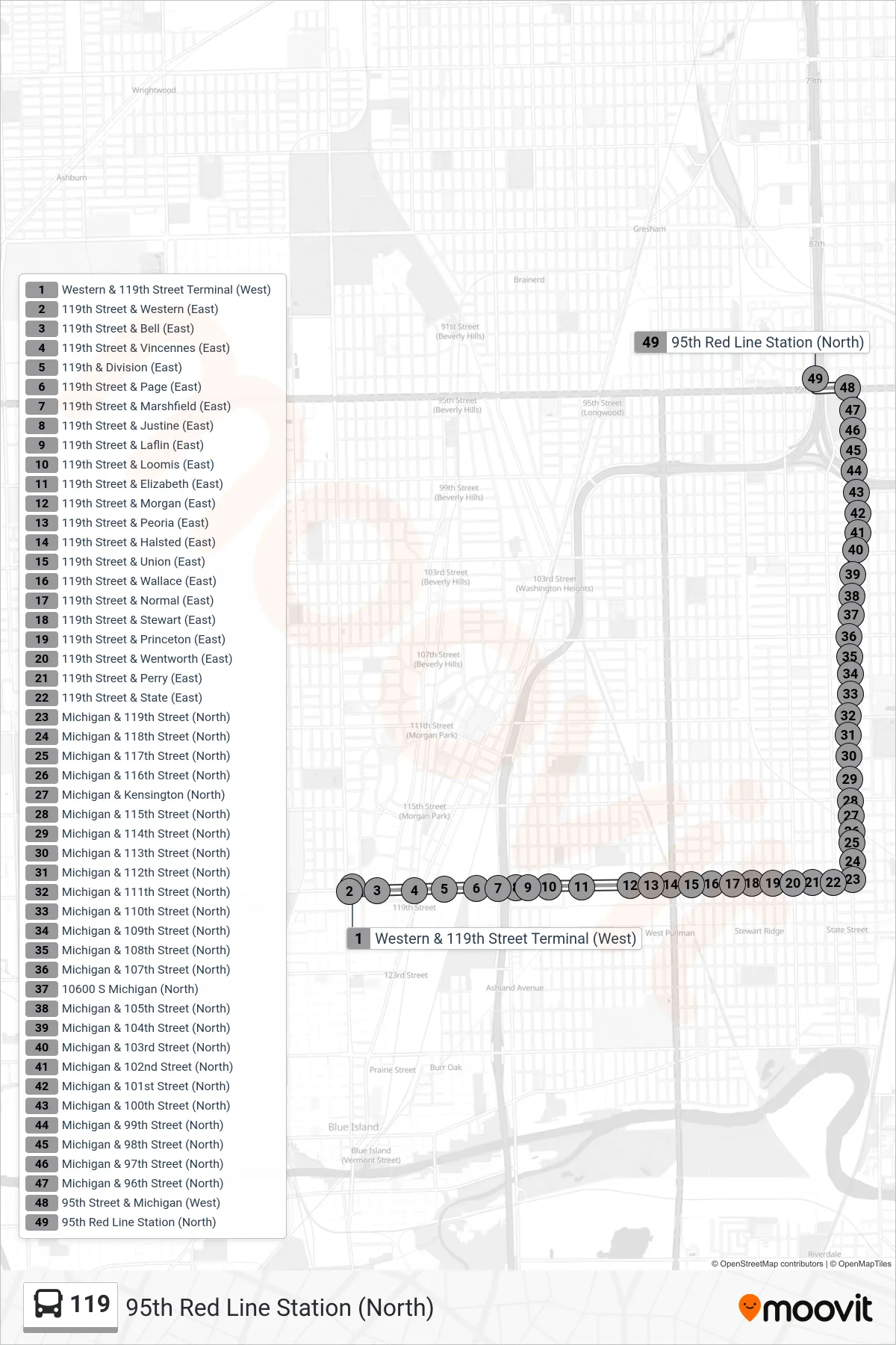 119 bus Line (95th Red Line Station (North)) route and stops on a map