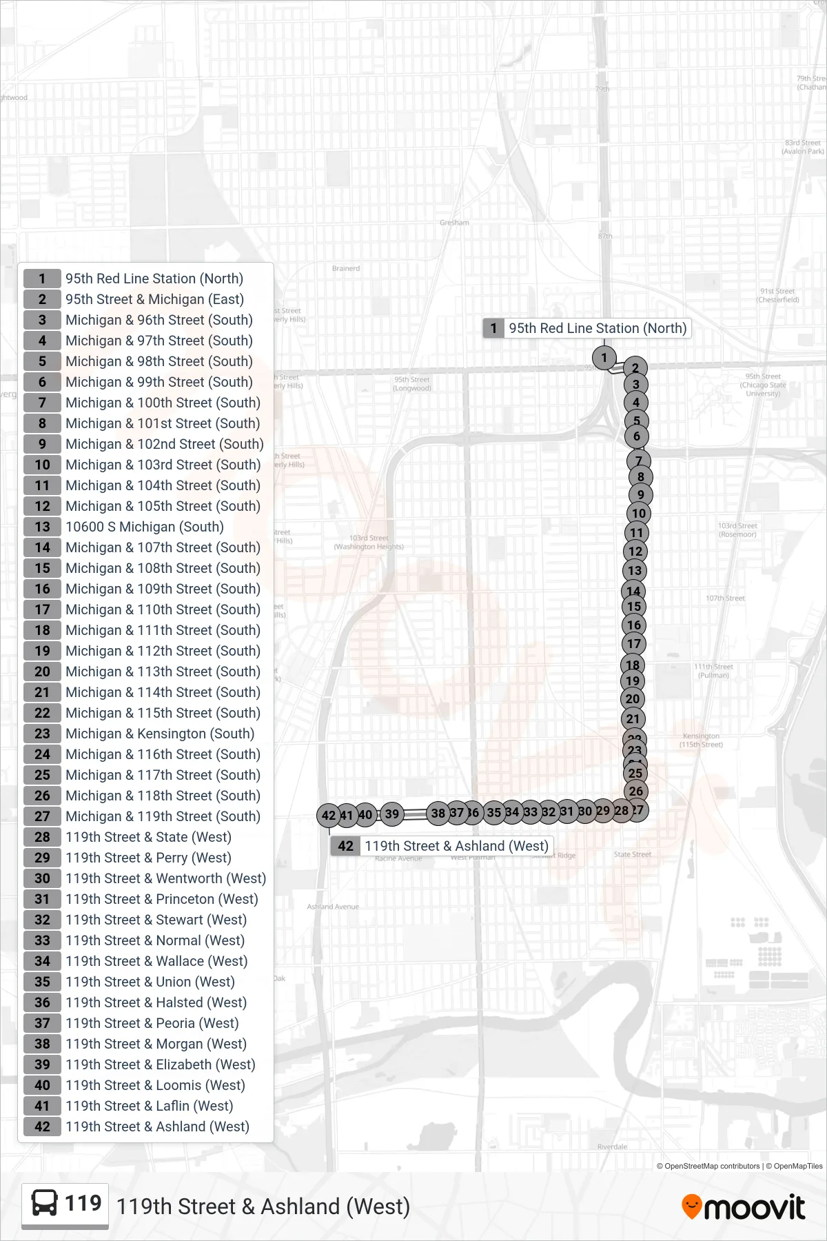 119 bus Line (119th Street & Ashland (West)) route and stops on a map