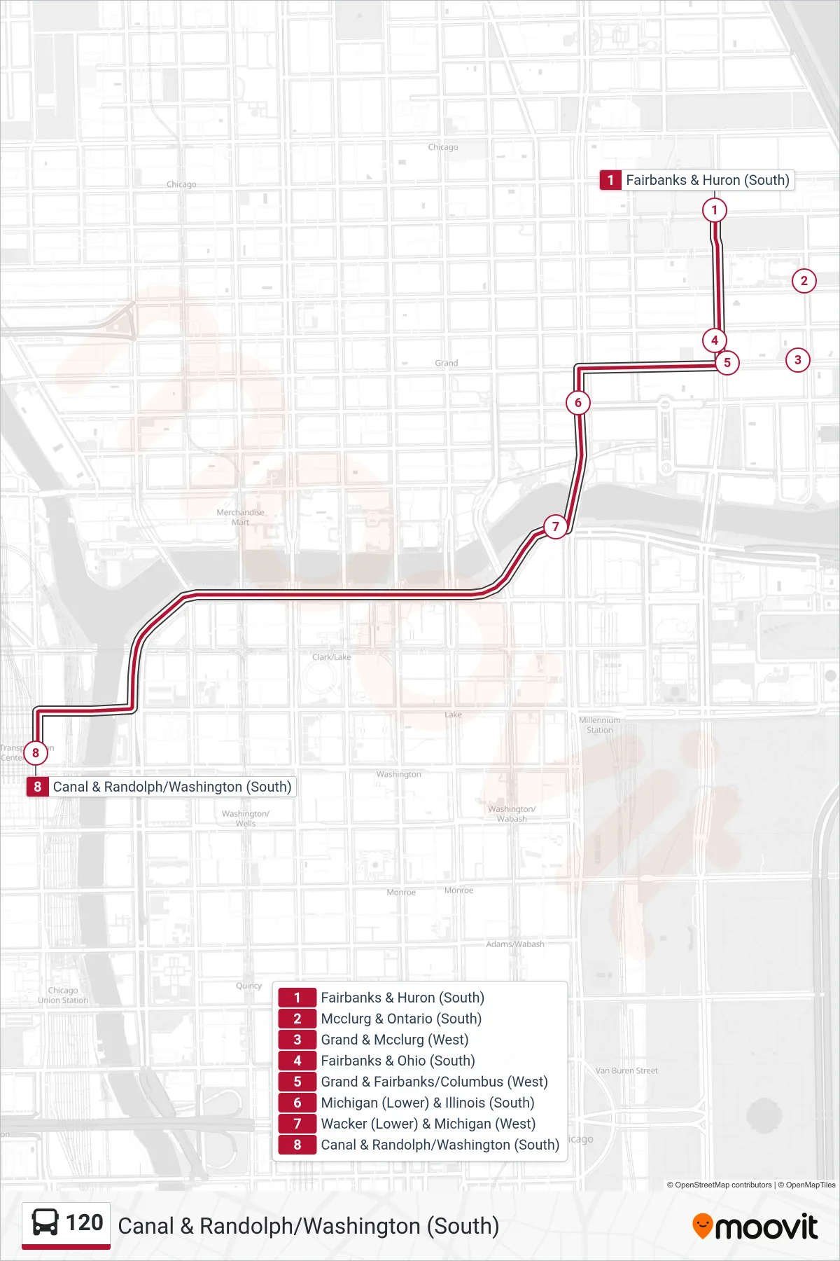 120 bus Line (Canal & Randolph/Washington (South)) route and stops on a map
