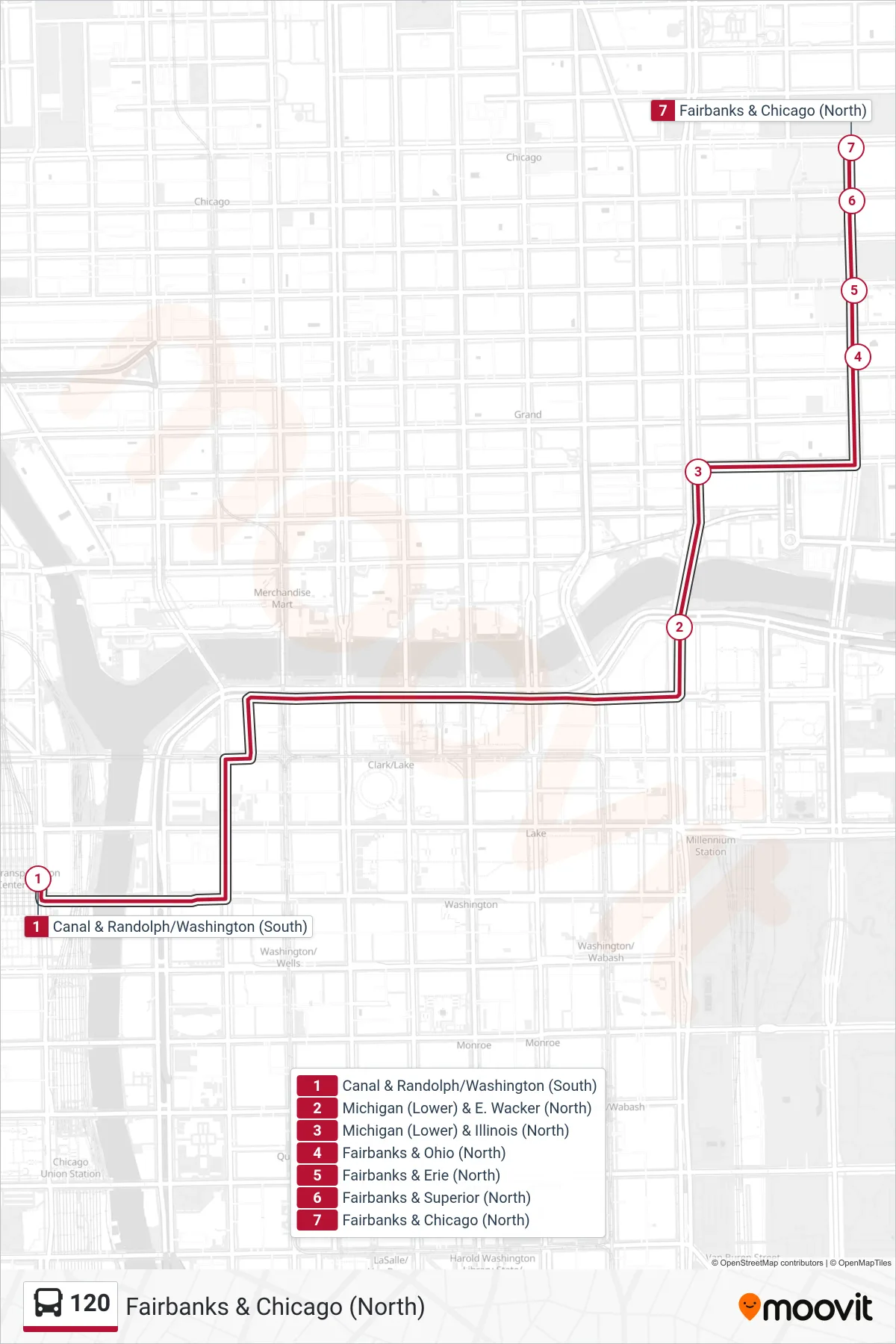 120 bus Line (Fairbanks & Chicago (North)) route and stops on a map