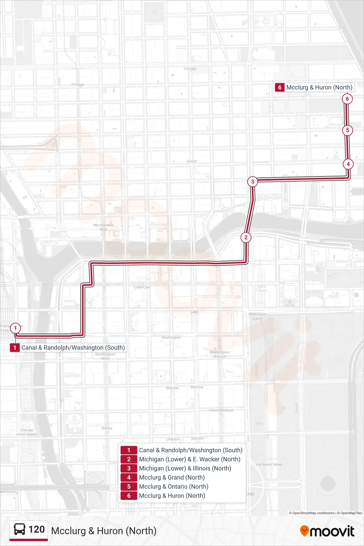 120 bus Line (Mcclurg & Huron (North)) route and stops on a map