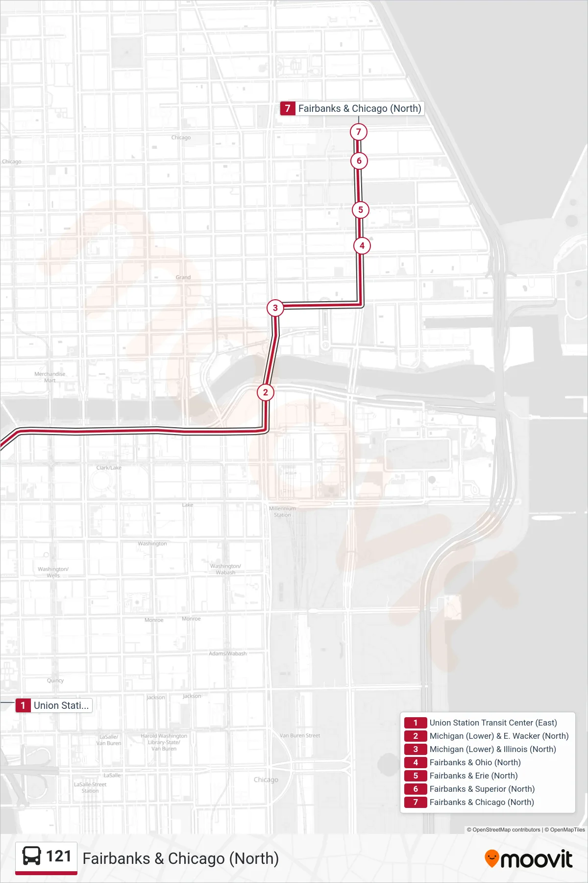 121 bus Line (Fairbanks & Chicago (North)) route and stops on a map