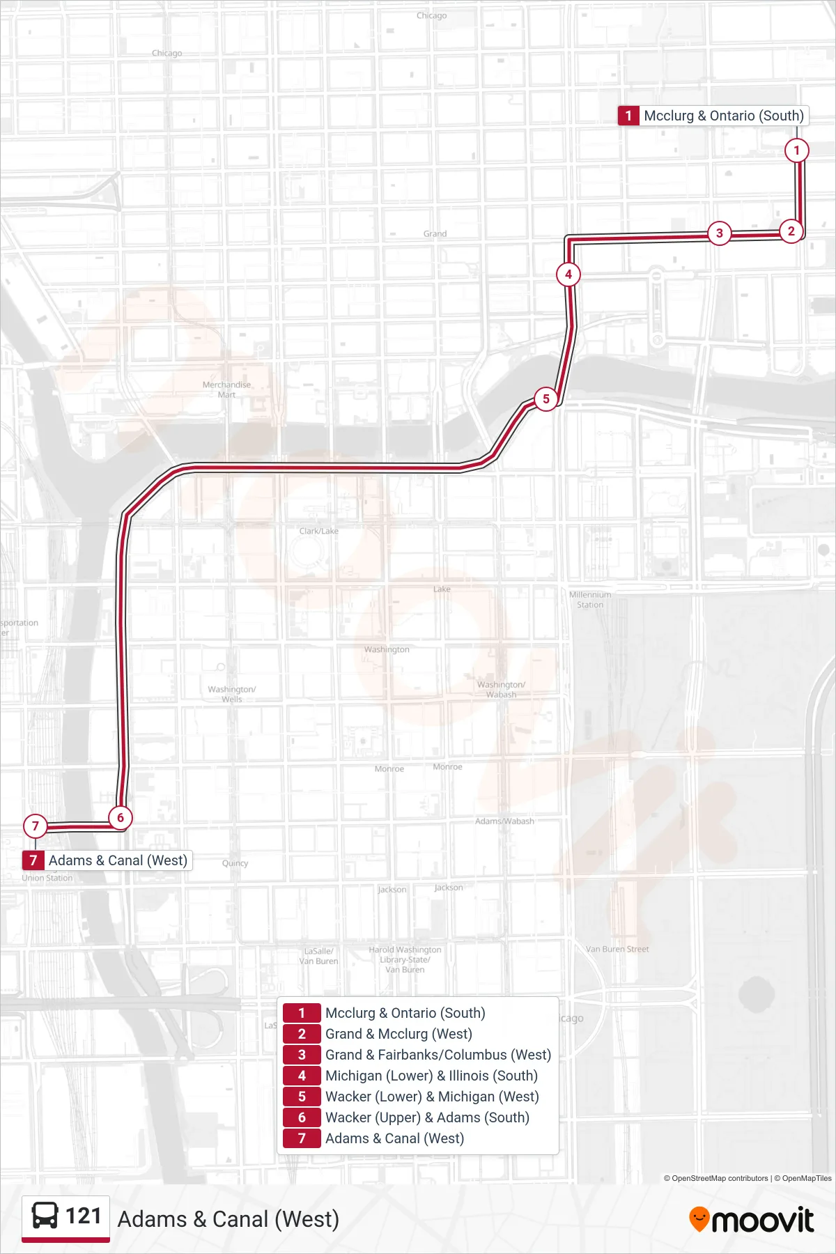 121 bus Line (Adams & Canal (West)) route and stops on a map
