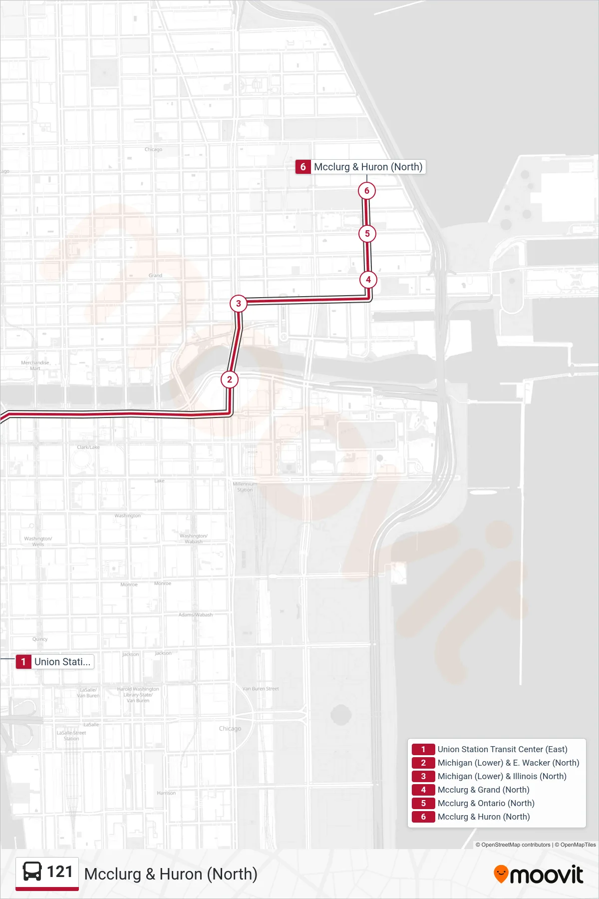 121 bus Line (Mcclurg & Huron (North)) route and stops on a map