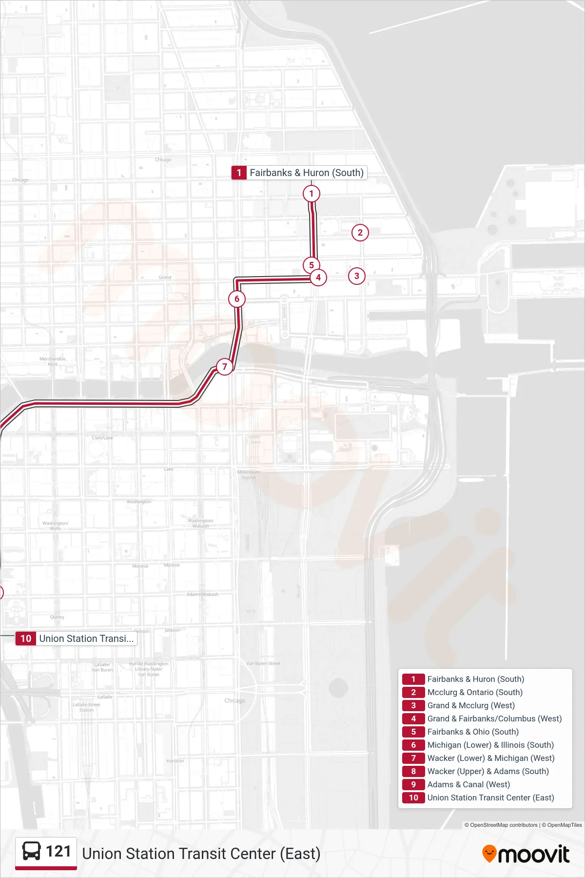 121 bus Line (Union Station Transit Center (East)) route and stops on a map