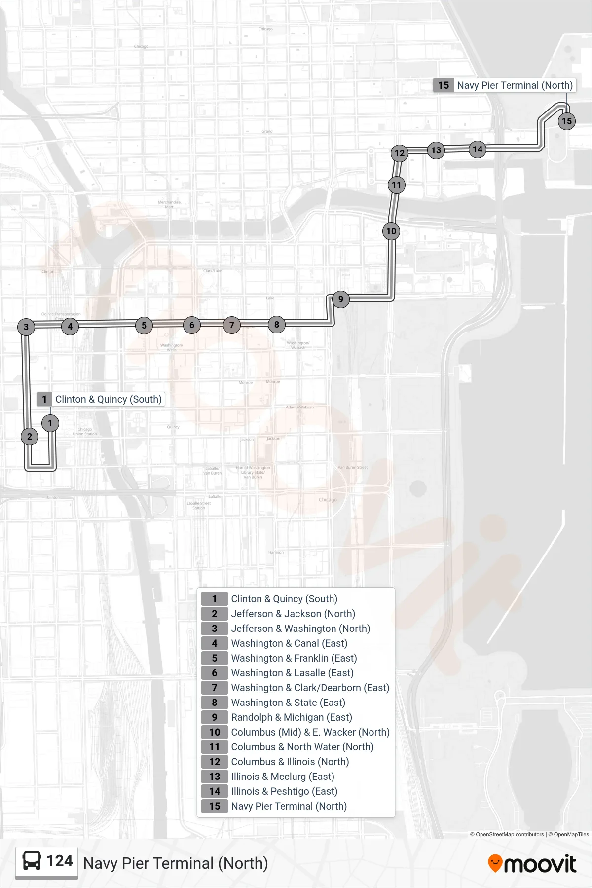 124 bus Line (Navy Pier Terminal (North)) route and stops on a map