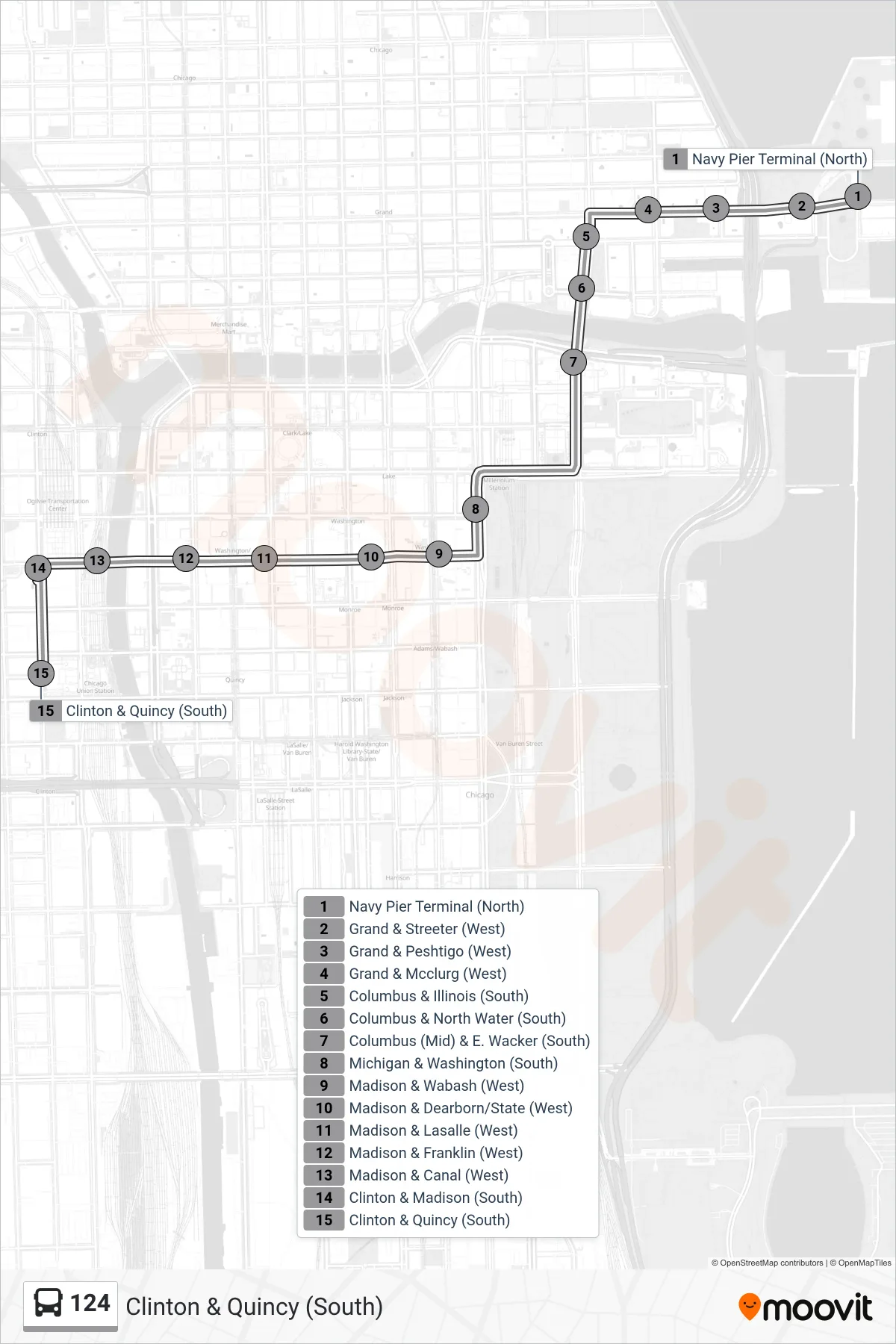 124 bus Line (Clinton & Quincy (South)) route and stops on a map