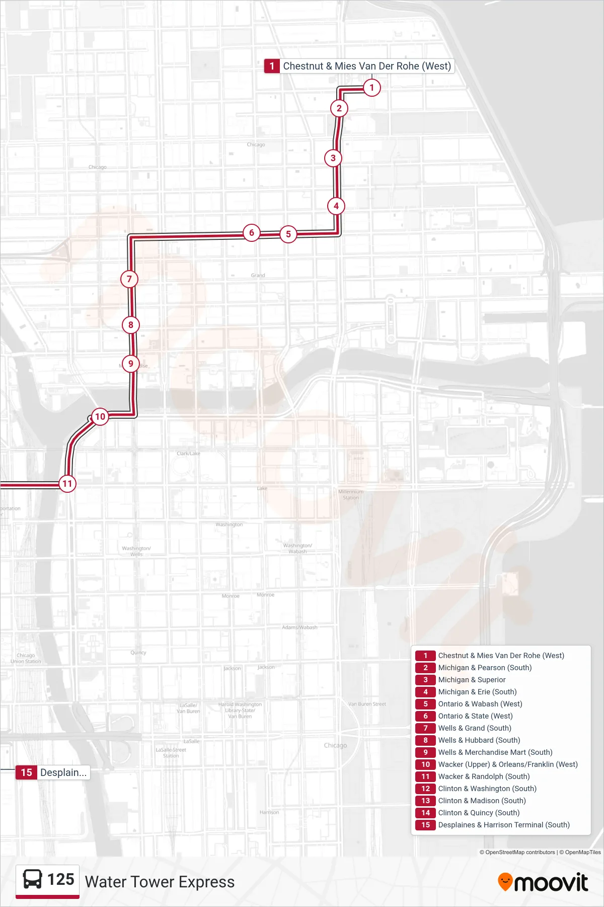 125 bus Line (Desplaines & Harrison Terminal (South)) route and stops on a map