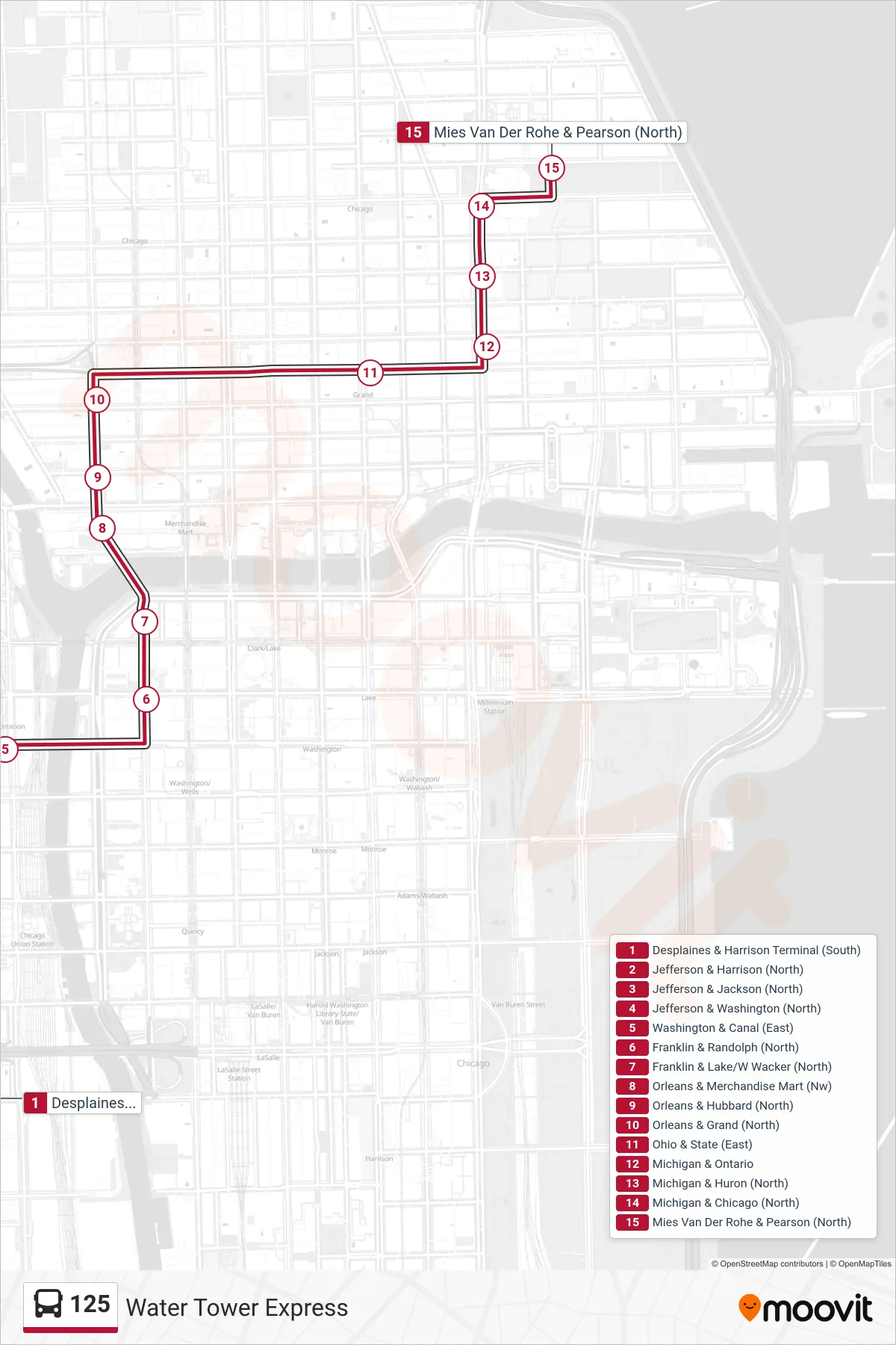 125 bus Line (Mies Van Der Rohe & Pearson (North)) route and stops on a map