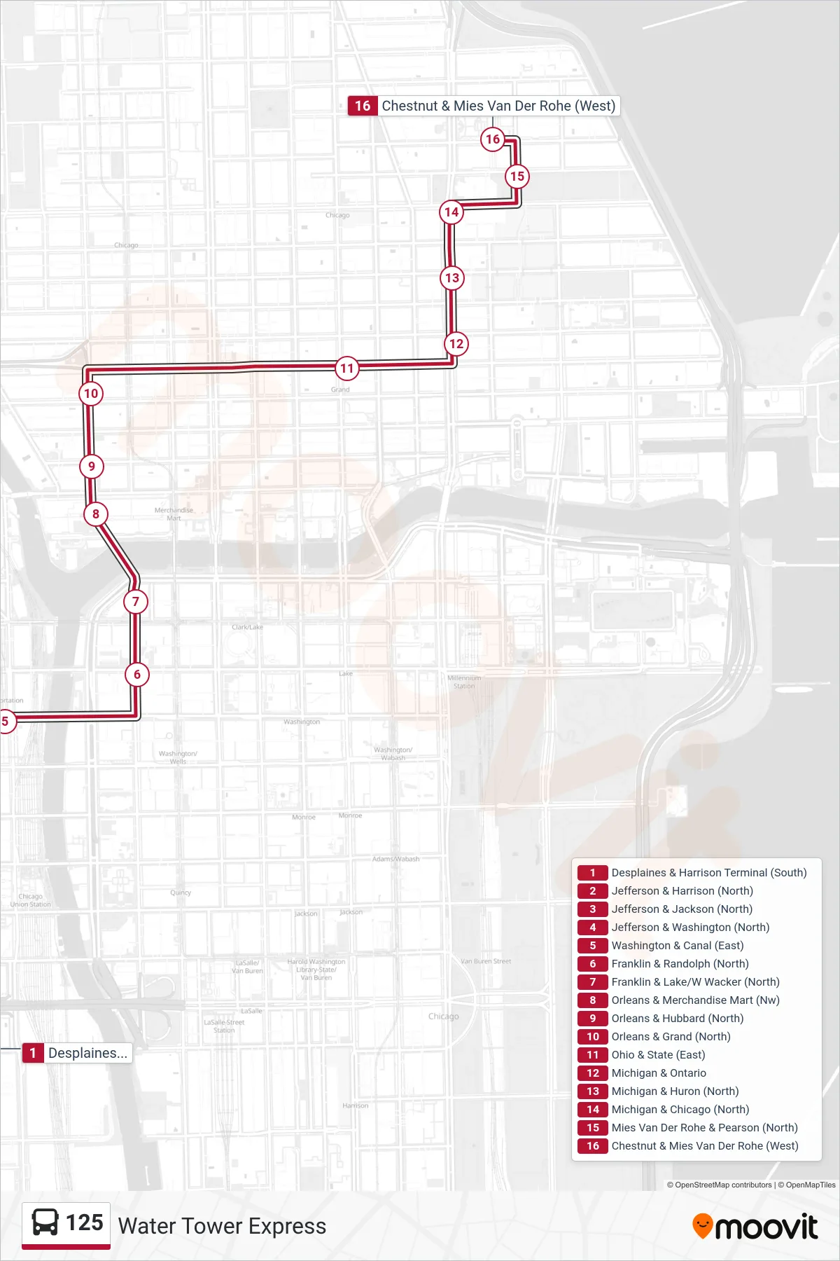 125 bus Line (Chestnut & Mies Van Der Rohe (West)) route and stops on a map