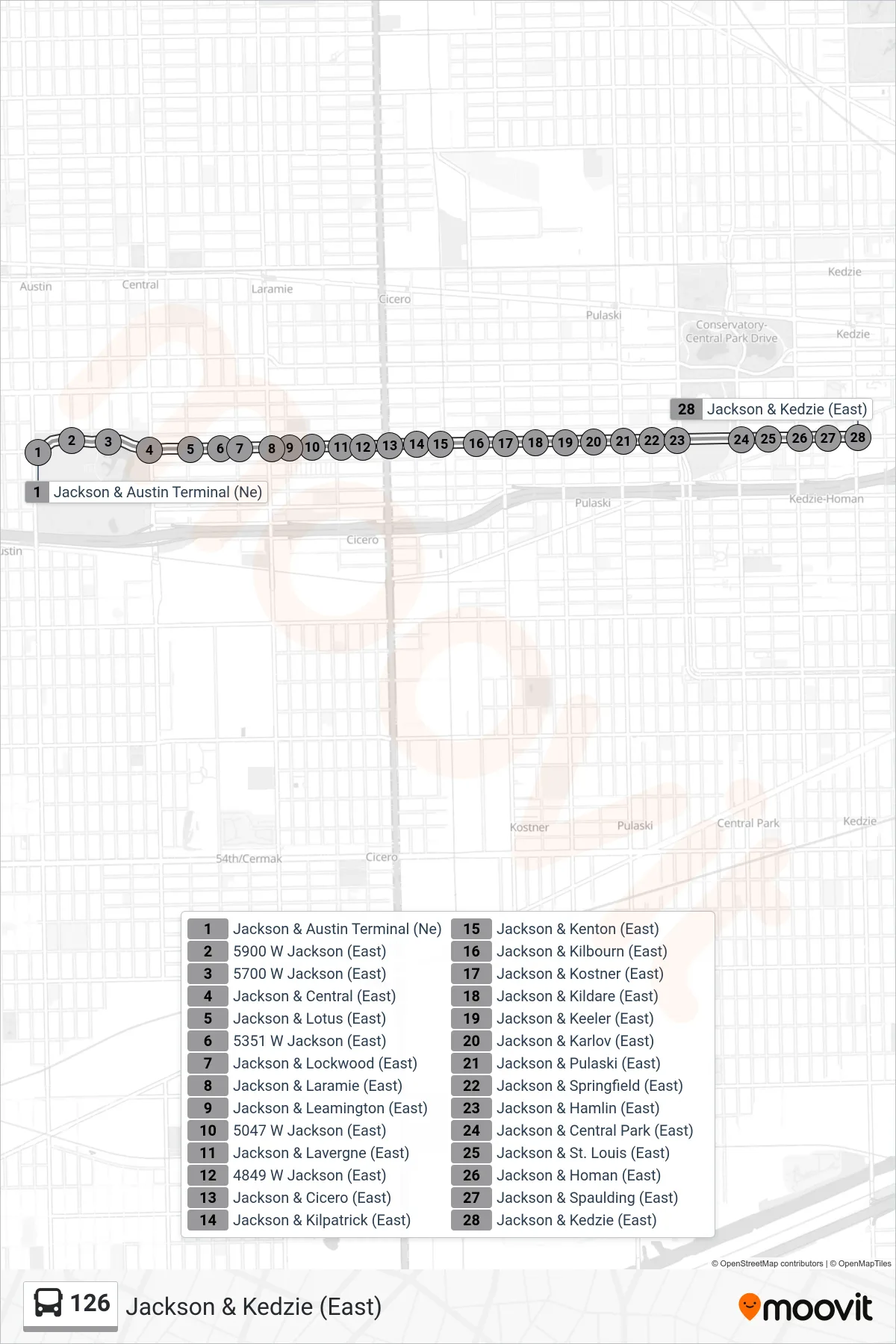 126 bus Line (Jackson & Kedzie (East)) route and stops on a map