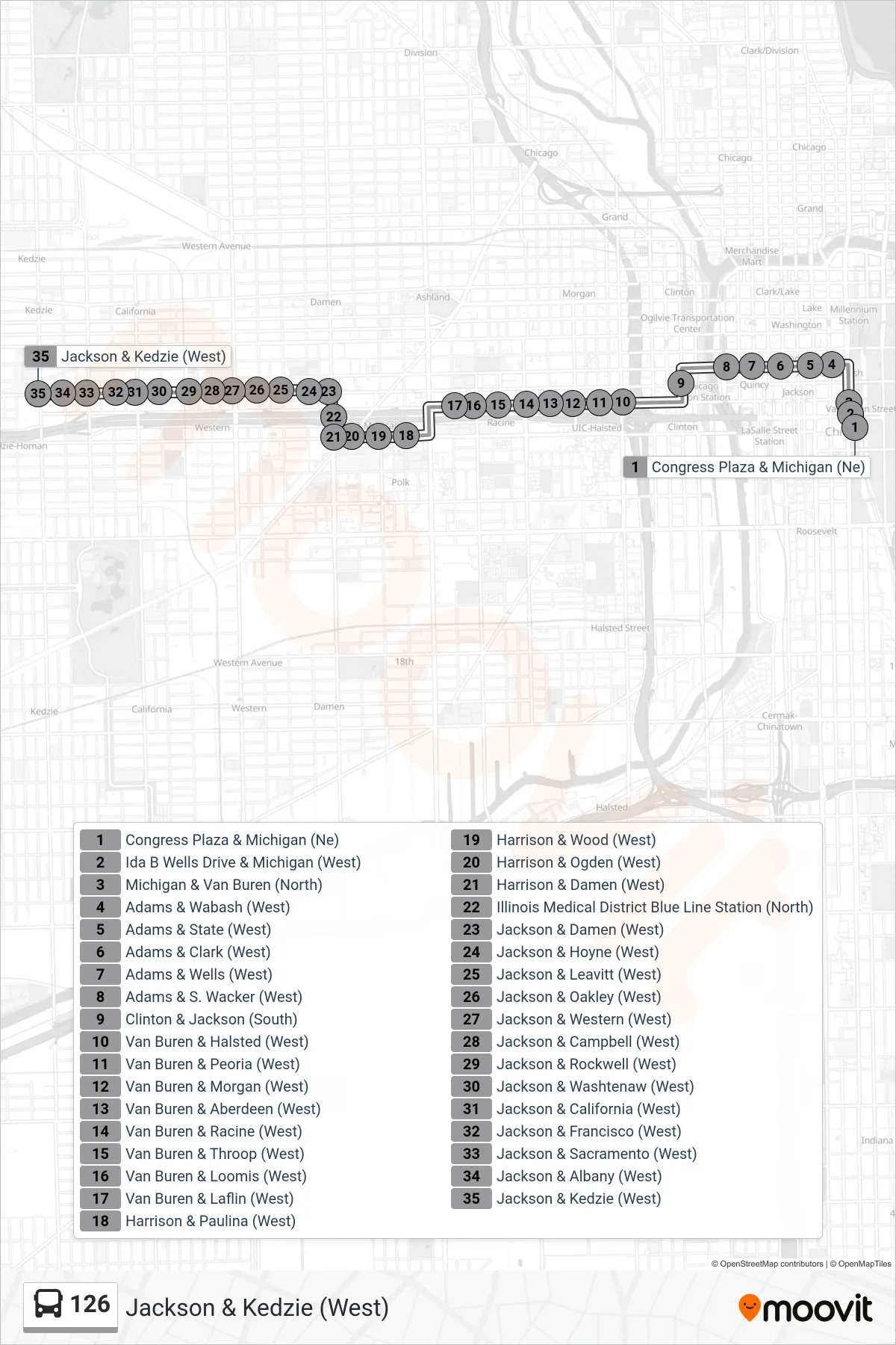126 bus Line (Jackson & Kedzie (West)) route and stops on a map