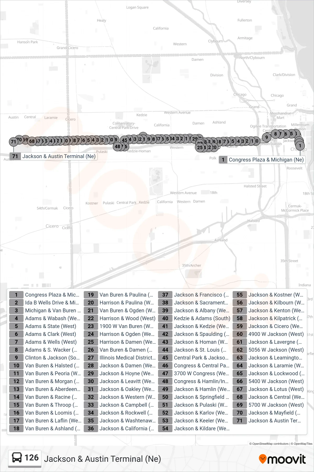 126 bus Line (Jackson & Austin Terminal (Ne)) route and stops on a map