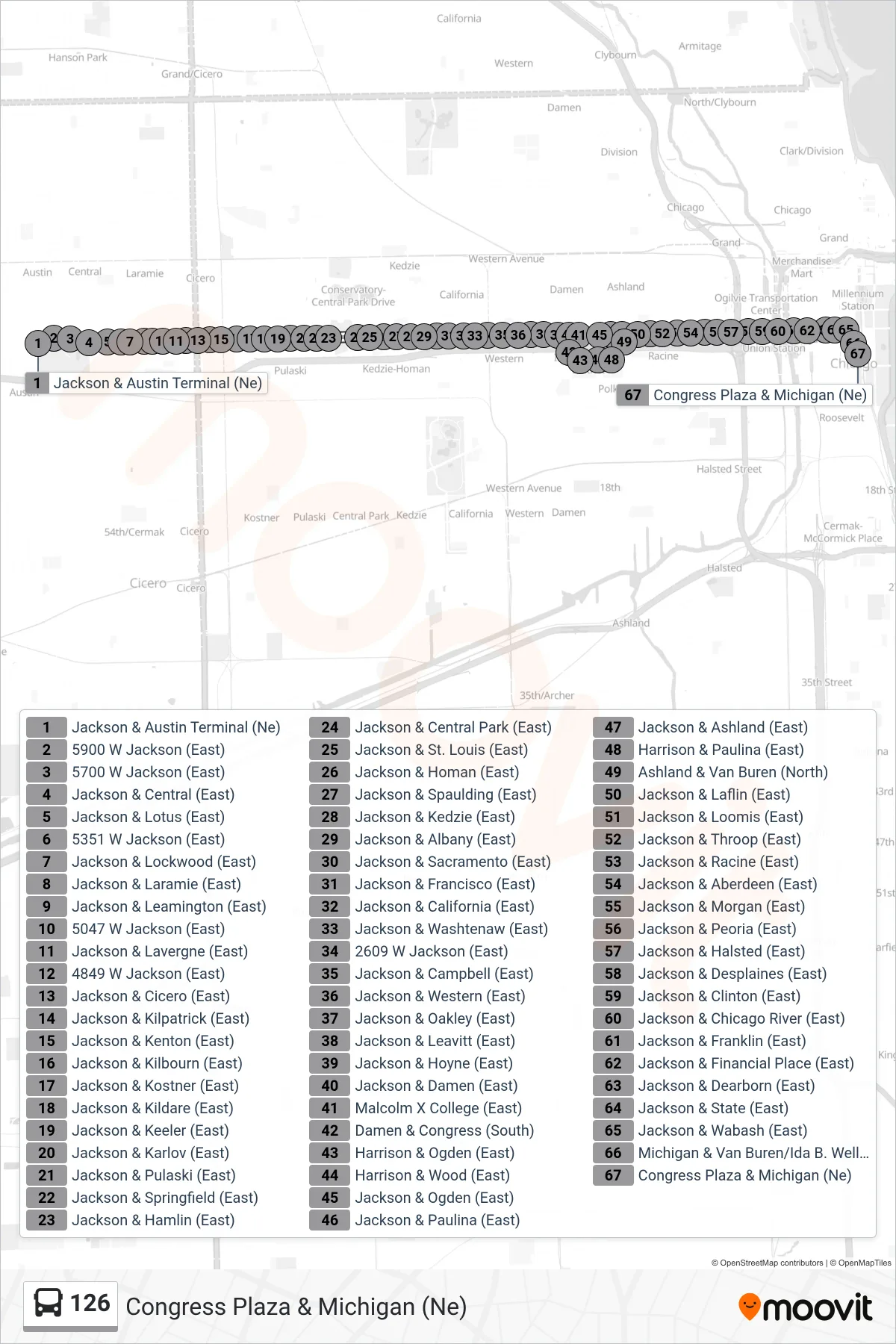 126 bus Line (Congress Plaza & Michigan (Ne)) route and stops on a map