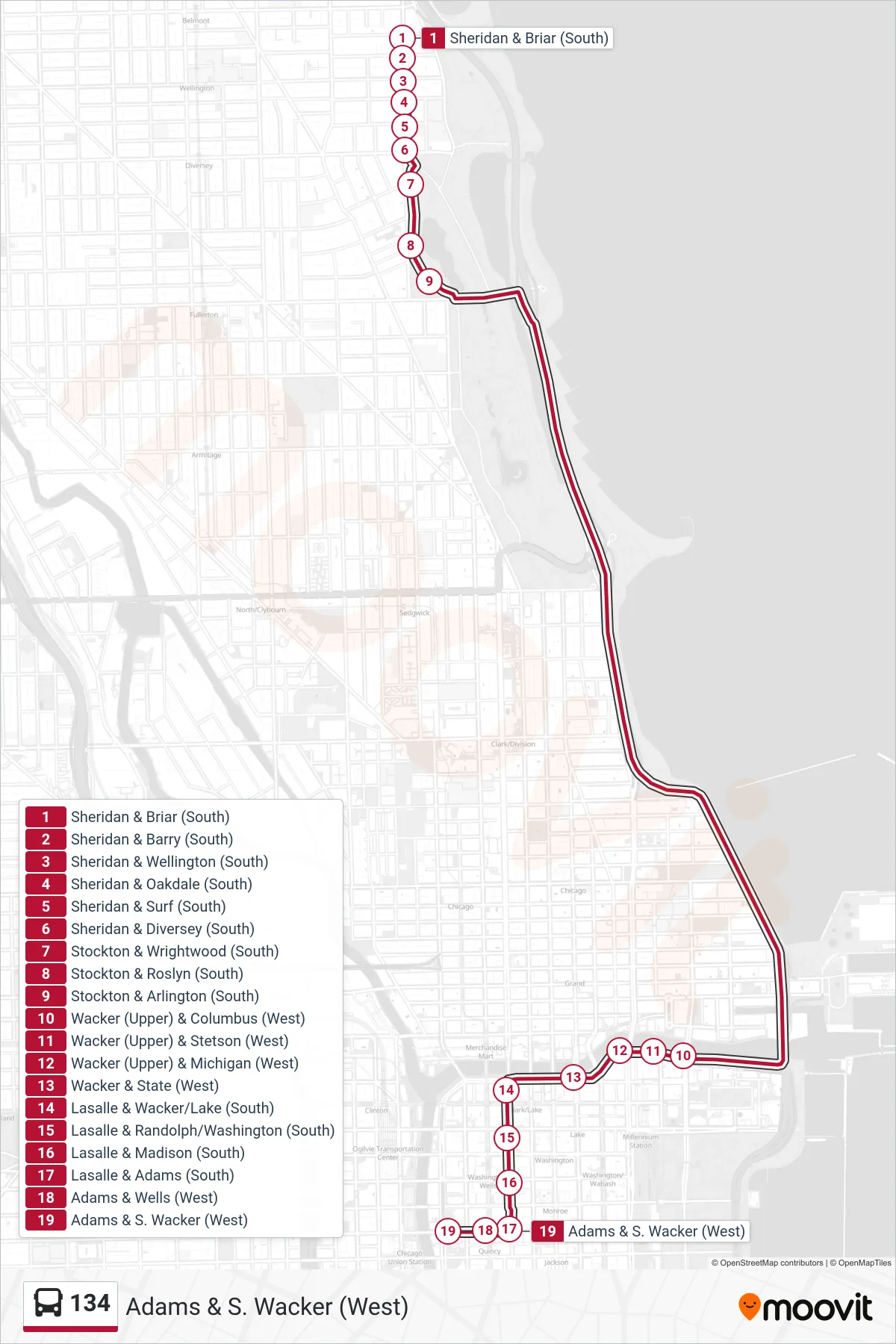 134 bus Line (Adams & S. Wacker (West)) route and stops on a map