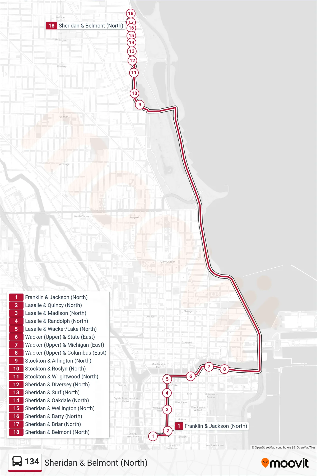 134 bus Line (Sheridan & Belmont (North)) route and stops on a map