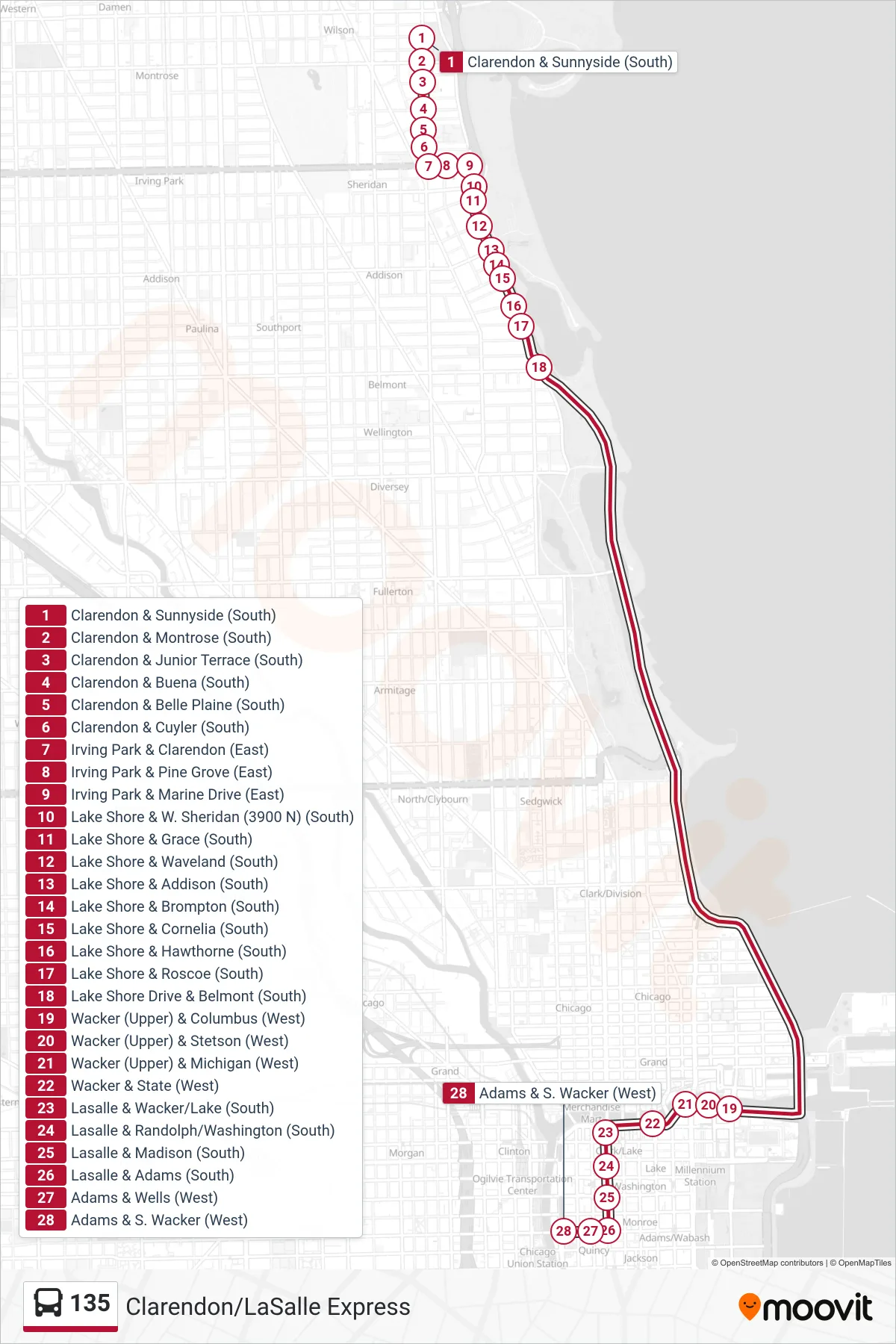 135 bus Line (Adams & S. Wacker (West)) route and stops on a map