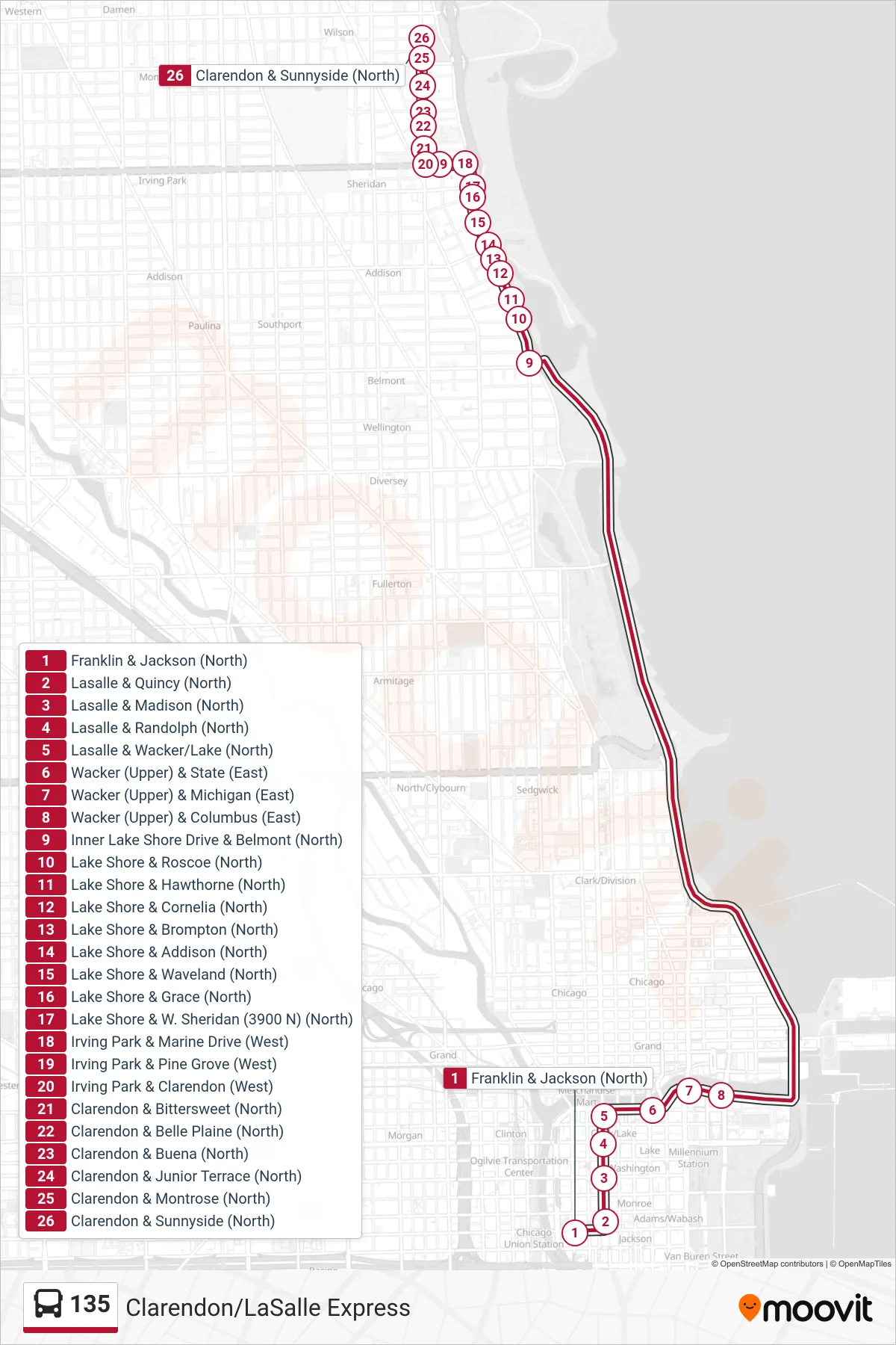 135 bus Line (Clarendon & Sunnyside (North)) route and stops on a map