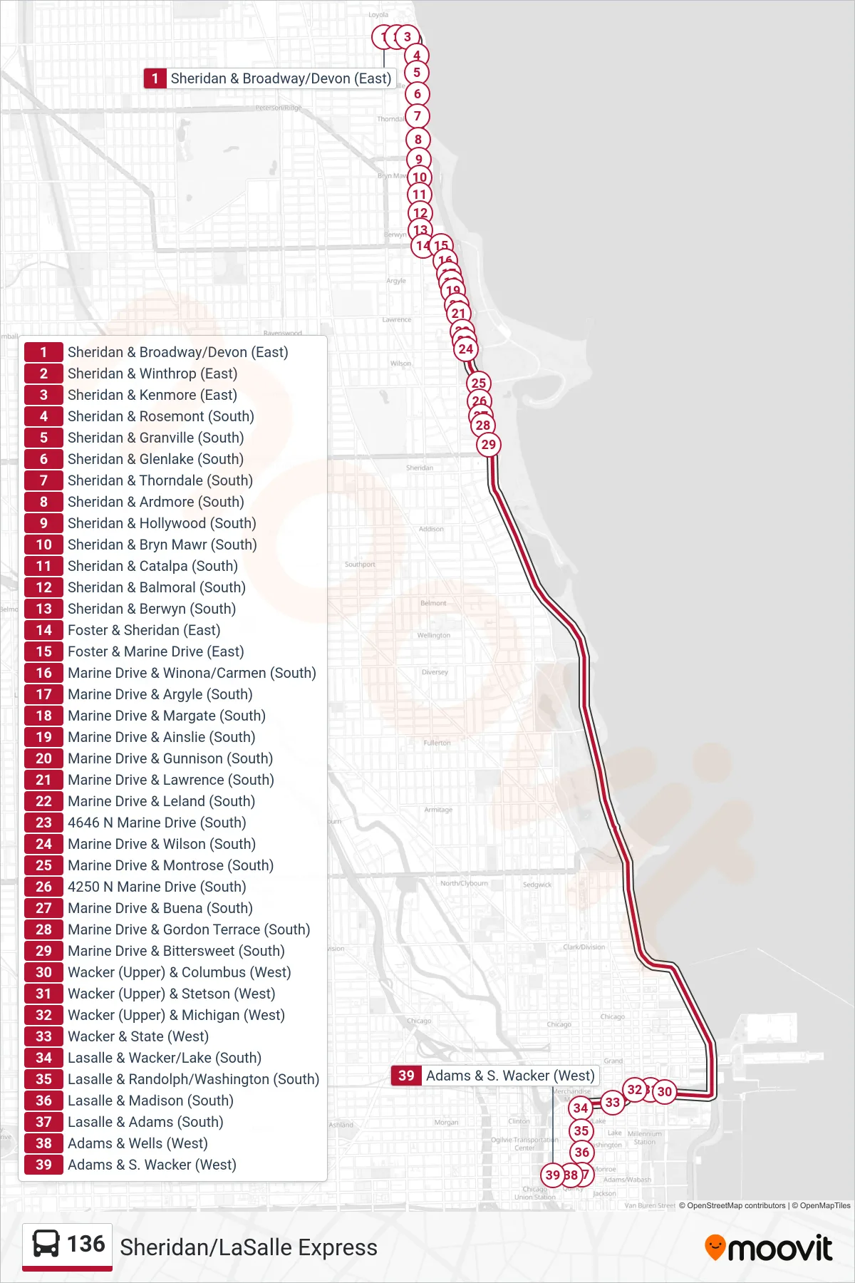 136 bus Line (Adams & S. Wacker (West)) route and stops on a map